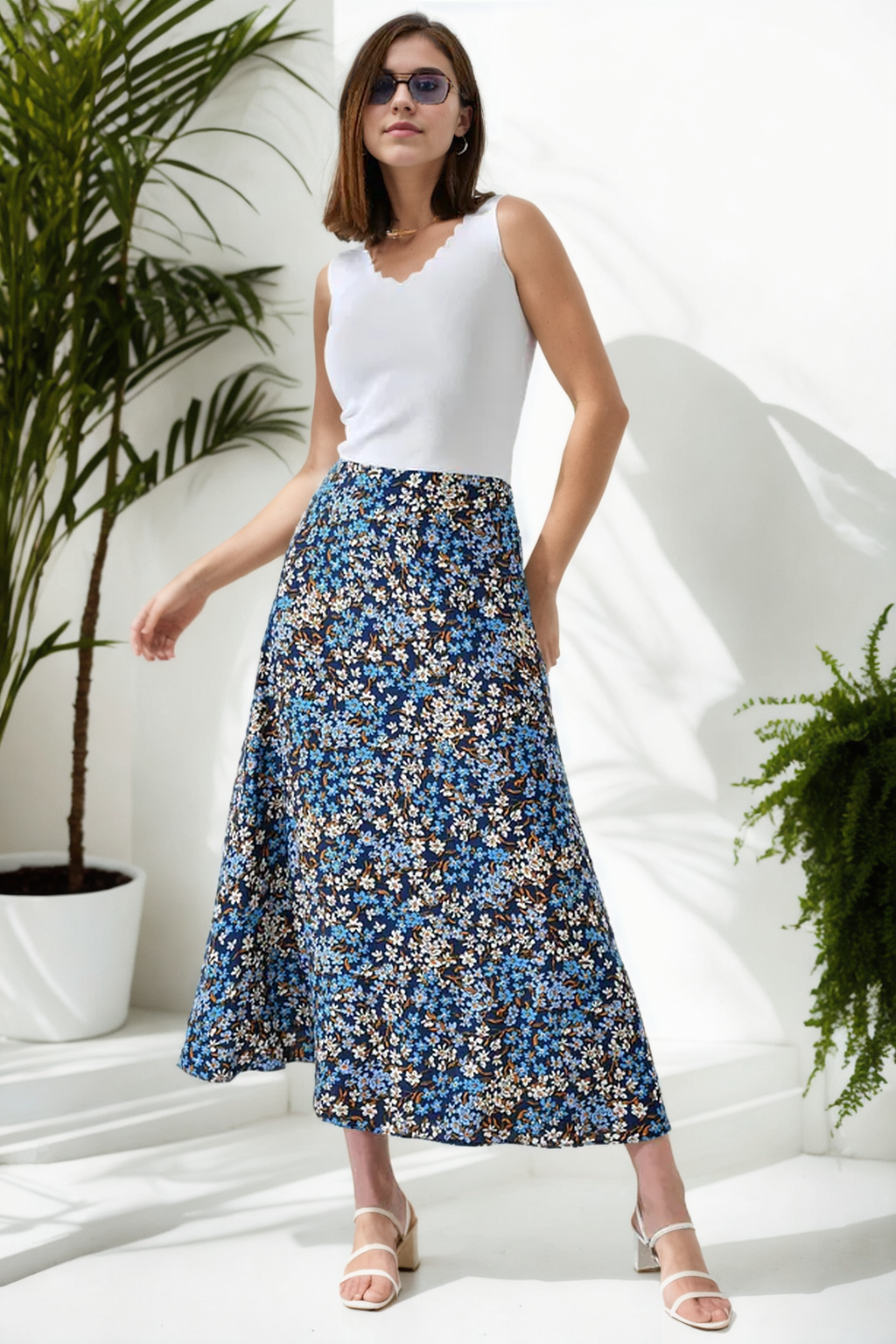 16652 Dewberry Womens Midi Woven Skirt-NAVY BLUE