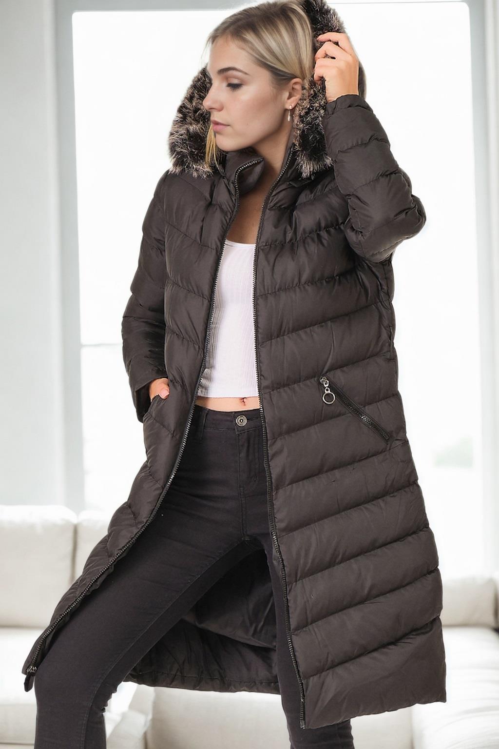 Z9690 DEWBERRY SHEEPSKIN HOODED WOMEN'S COAT-BLACK