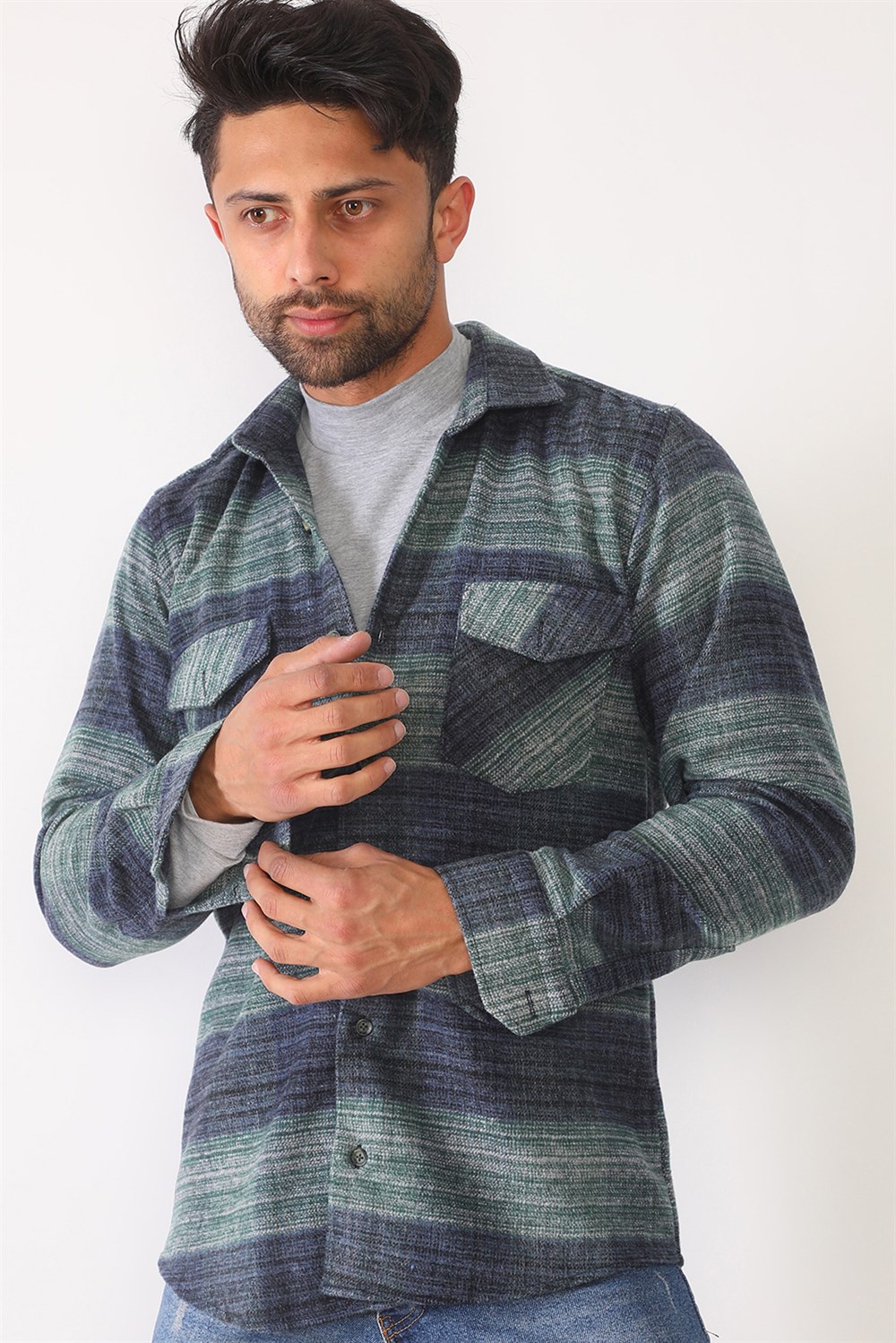 G697 DEWBERRY MEN&#039;S SHIRT-GREEN-NAVY BLUE