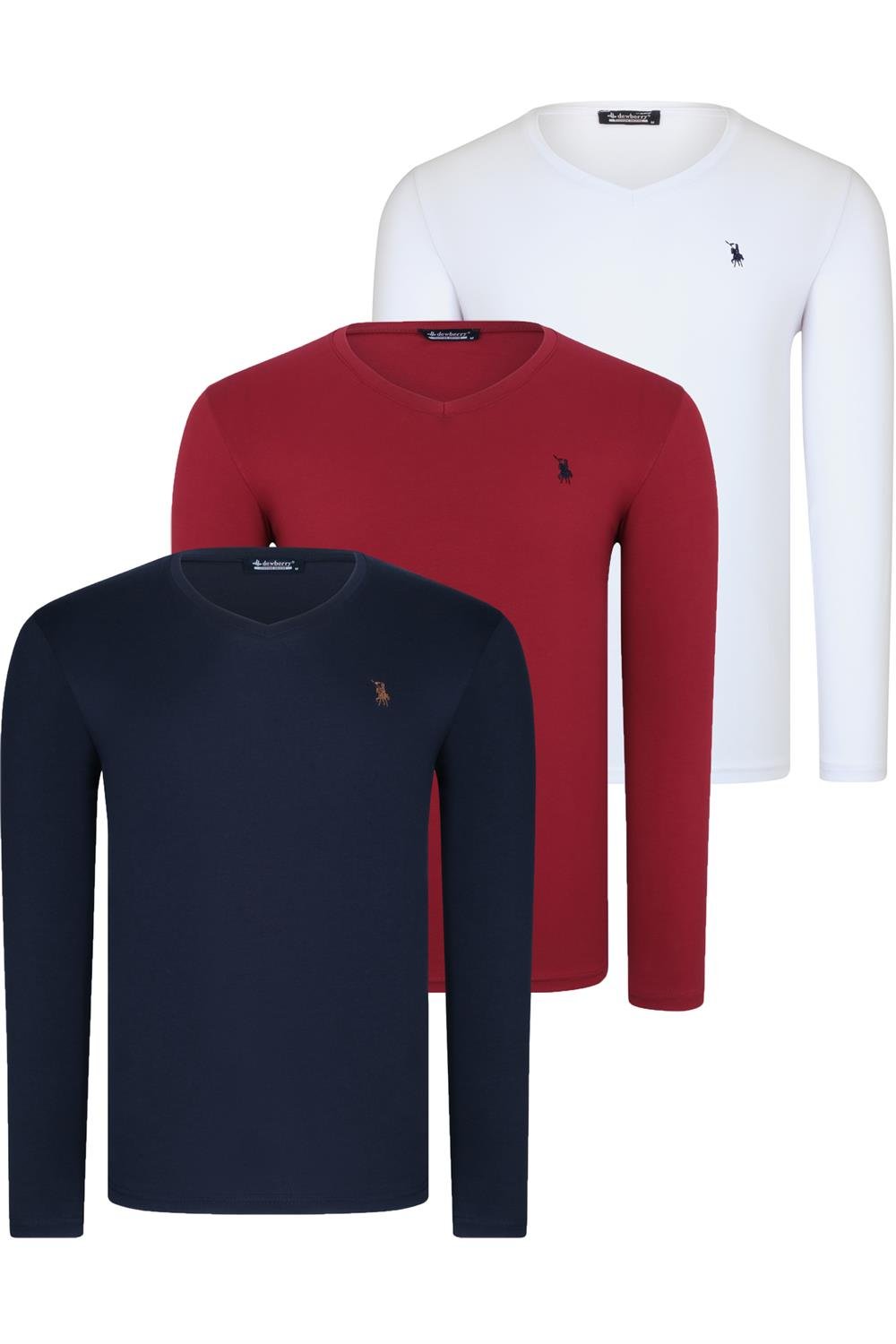 TRIPLE SET T8587 DEWBERRY V-NECK MEN'S SWEATSHIRT-WHITE-NAVY-BURGUNDY