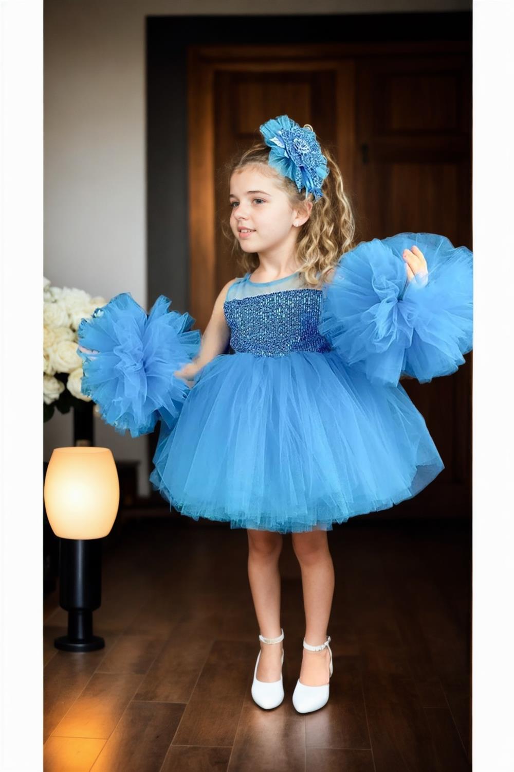 N4732 Dewberry Chiffon Sequined Girls Evening Dress-BLUE