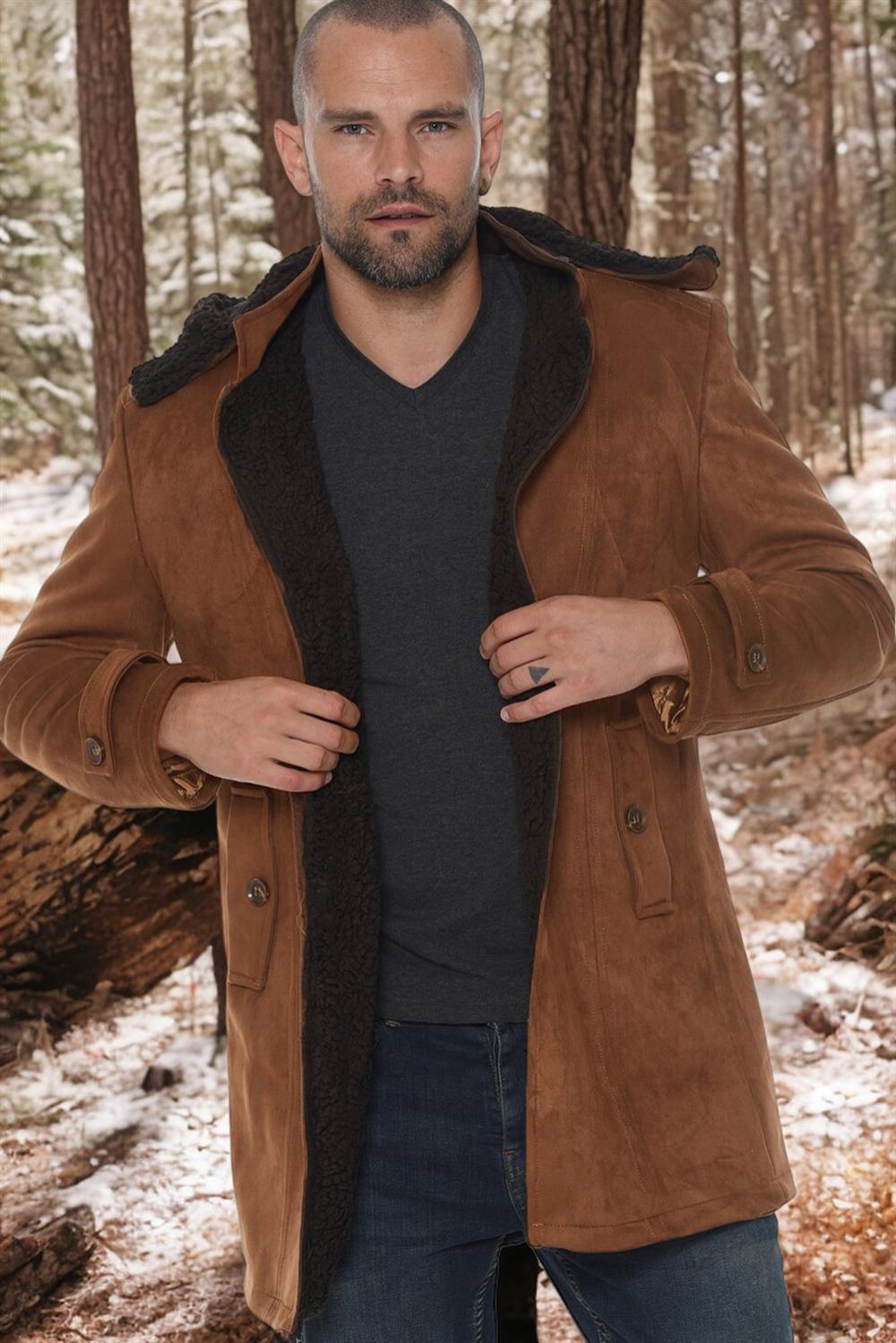 PLT8399 DEWBERRY SUEDE LOOK MEN'S COAT-PLAIN CAMEL