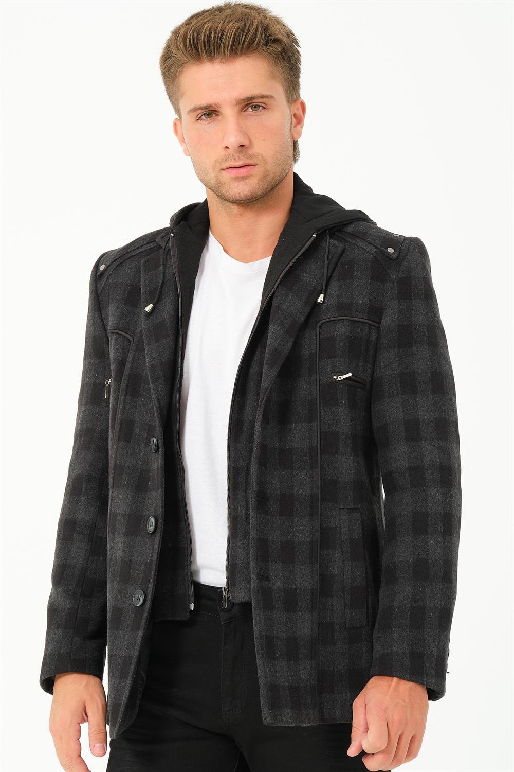 K7532 DEWBERRY MEN&#039;S COAT-PLAID-BLACK