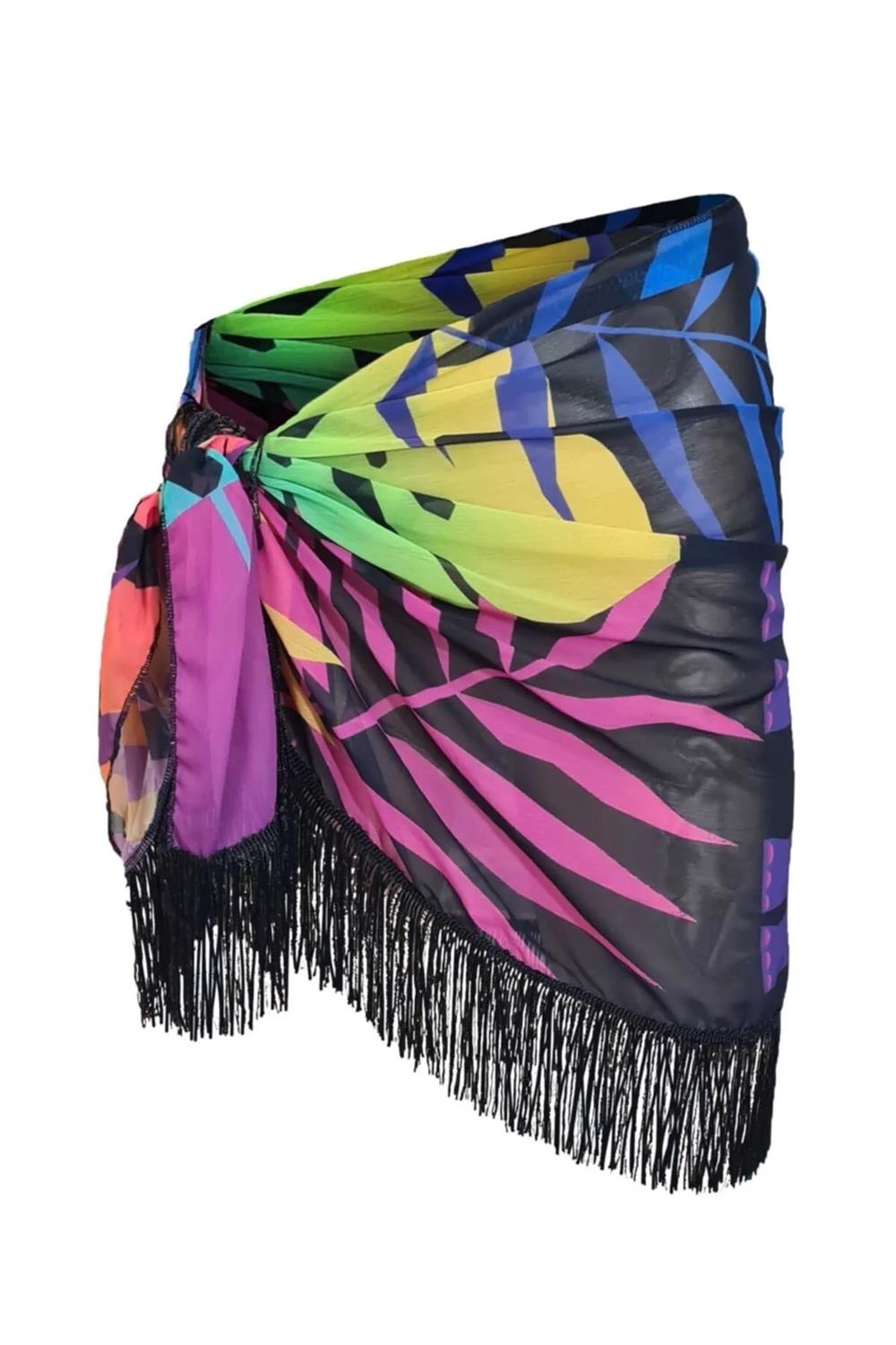 43272 Dewberry 43272 Dewberry Patterned Pareo with Tassels-BLACK-PINK