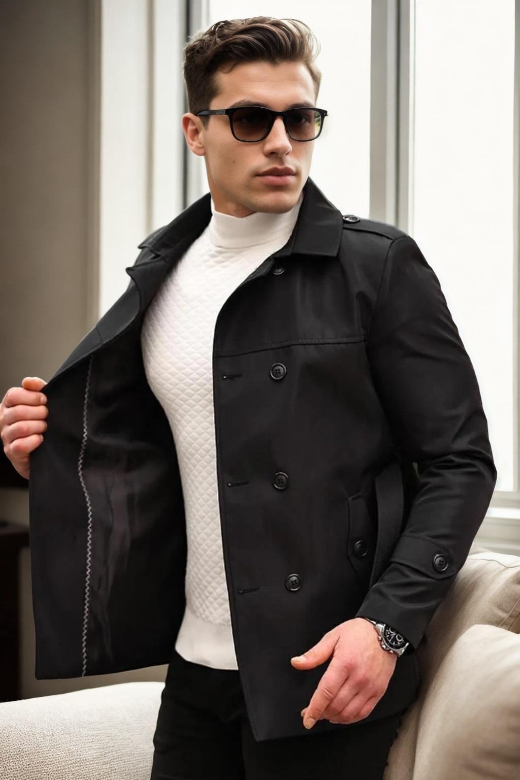 23058 Dewberry Lined Belted Double Breasted Mens Trenchcoat-BLACK