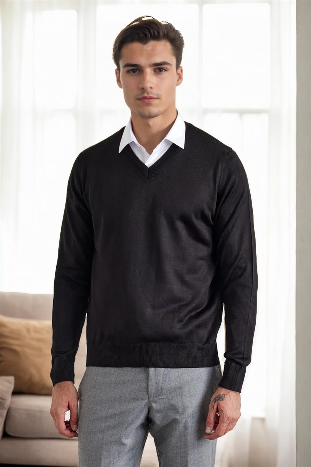 38804 Dewberry Mens V Neck Knit Sweater-BLACK