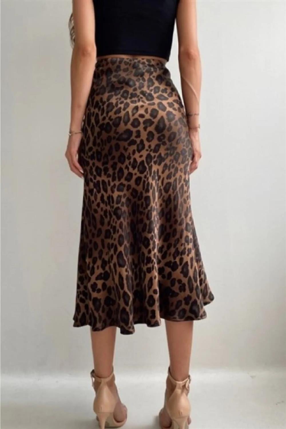 68223 Dewberry Leopard Pattern Satin Midi Length Skirt-BLACK-BROWN