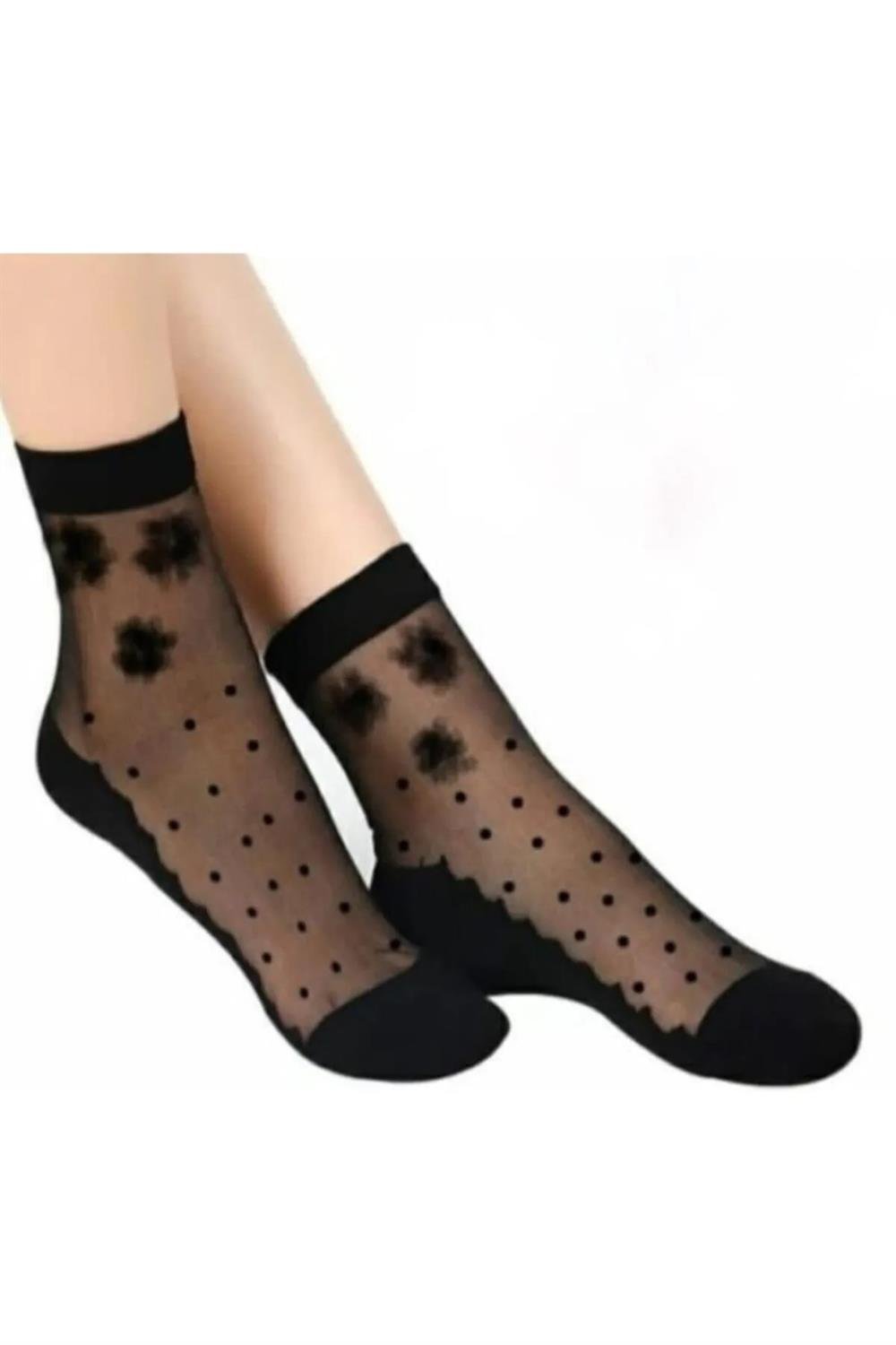 14223 Dewberry Patterned Tulle Women Socks 6 Pack-BLACK