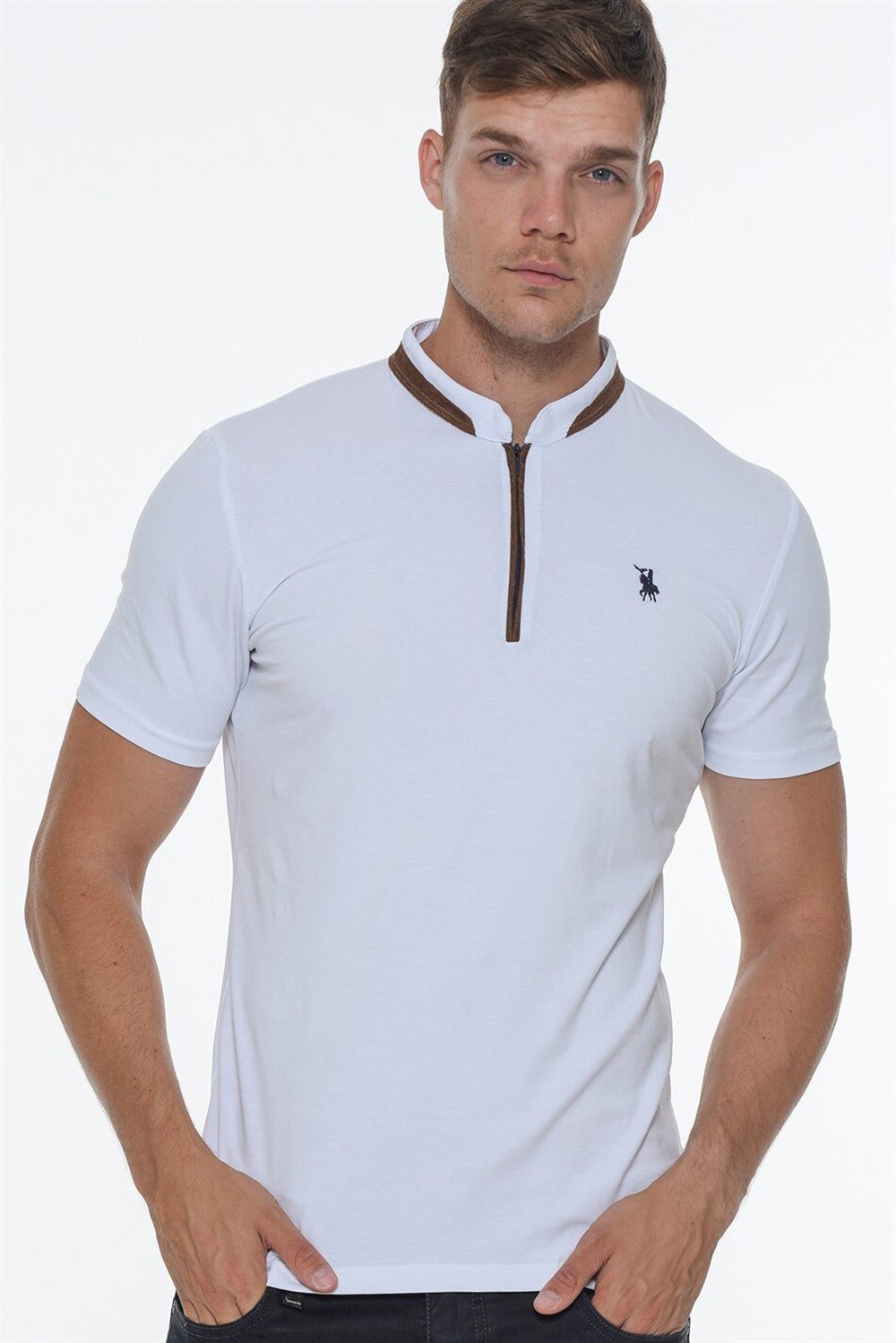 T8571 DEWBERRY ZIPPER MEN'S T-SHIRT-WHITE