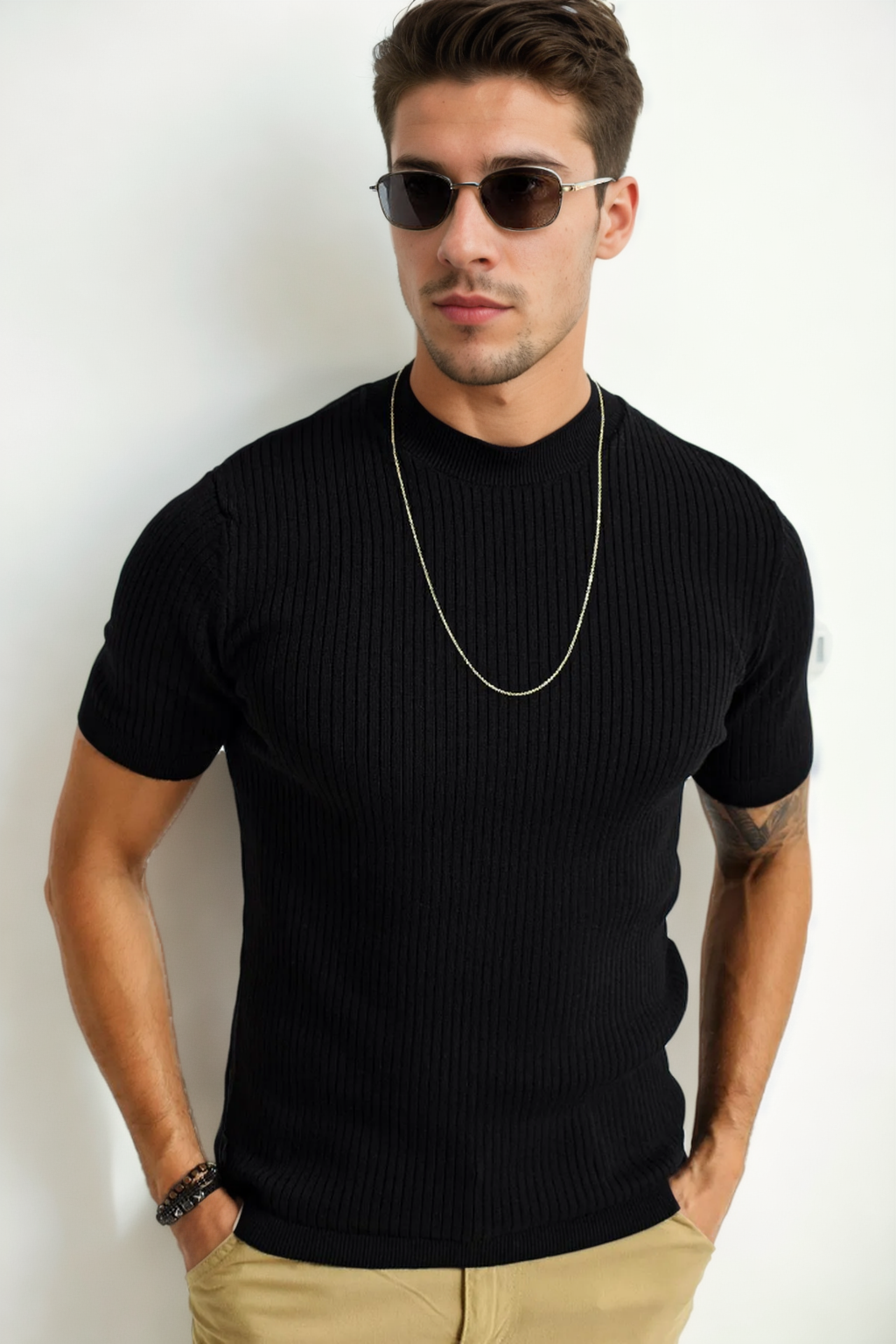 33307 Dewberry Mens Crew Neck Short Sleeve Thin Knit Sweater-BLACK