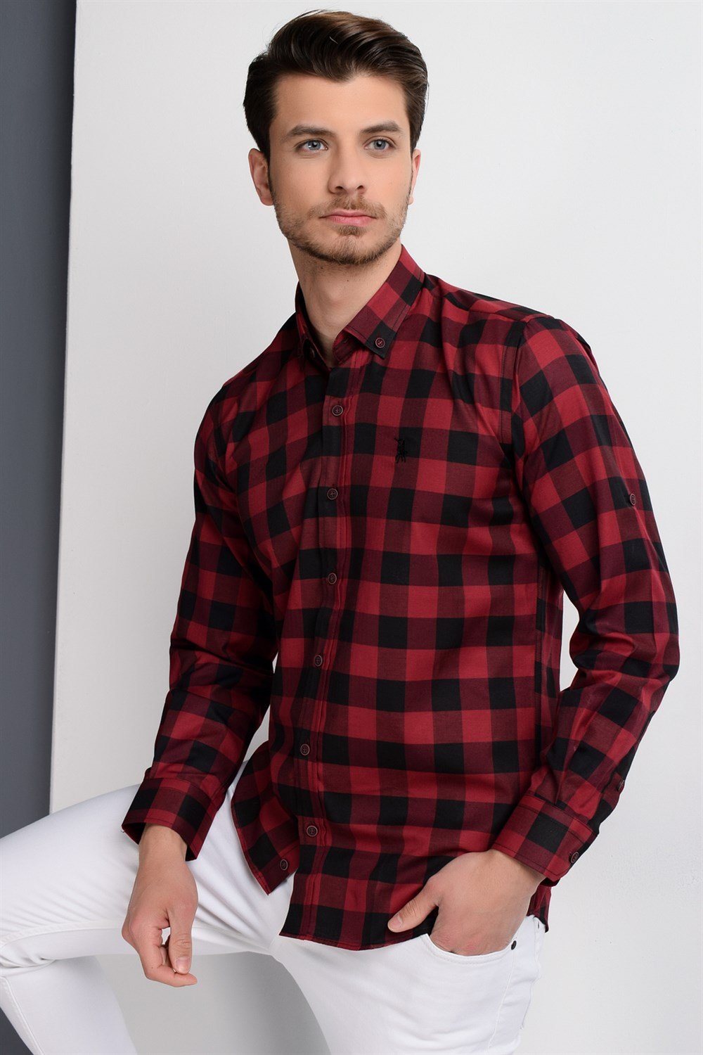G665 DEWBERRY MEN'S SHIRT-BLACK-BURGUNDY