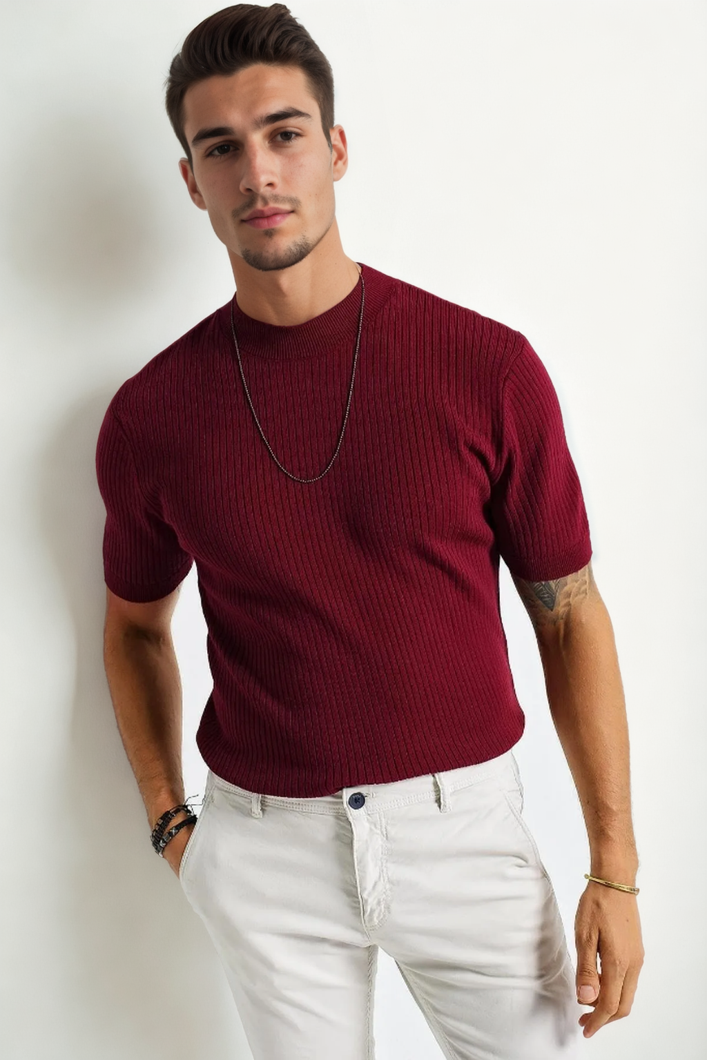 33307 Dewberry Mens Crew Neck Short Sleeve Thin Knit Sweater-BORDEAUX