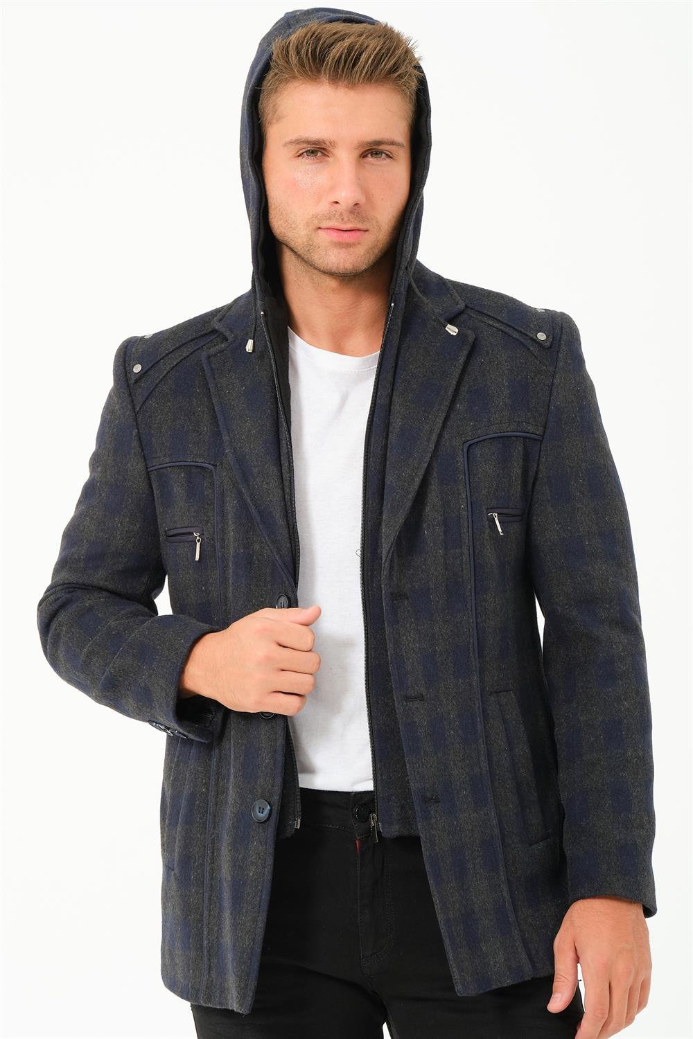 K7532 DEWBERRY MEN&#039;S COAT-PLAID-NAVY BLUE