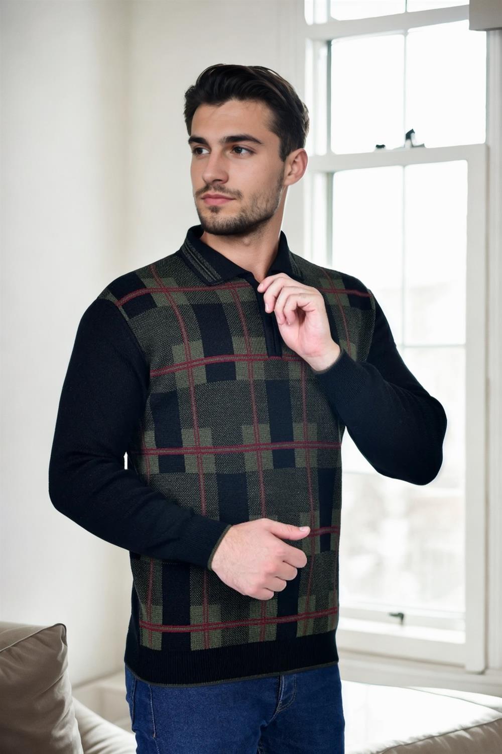 29496 Dewberry nZippered Polo Neck Mens Sweater-BLACK