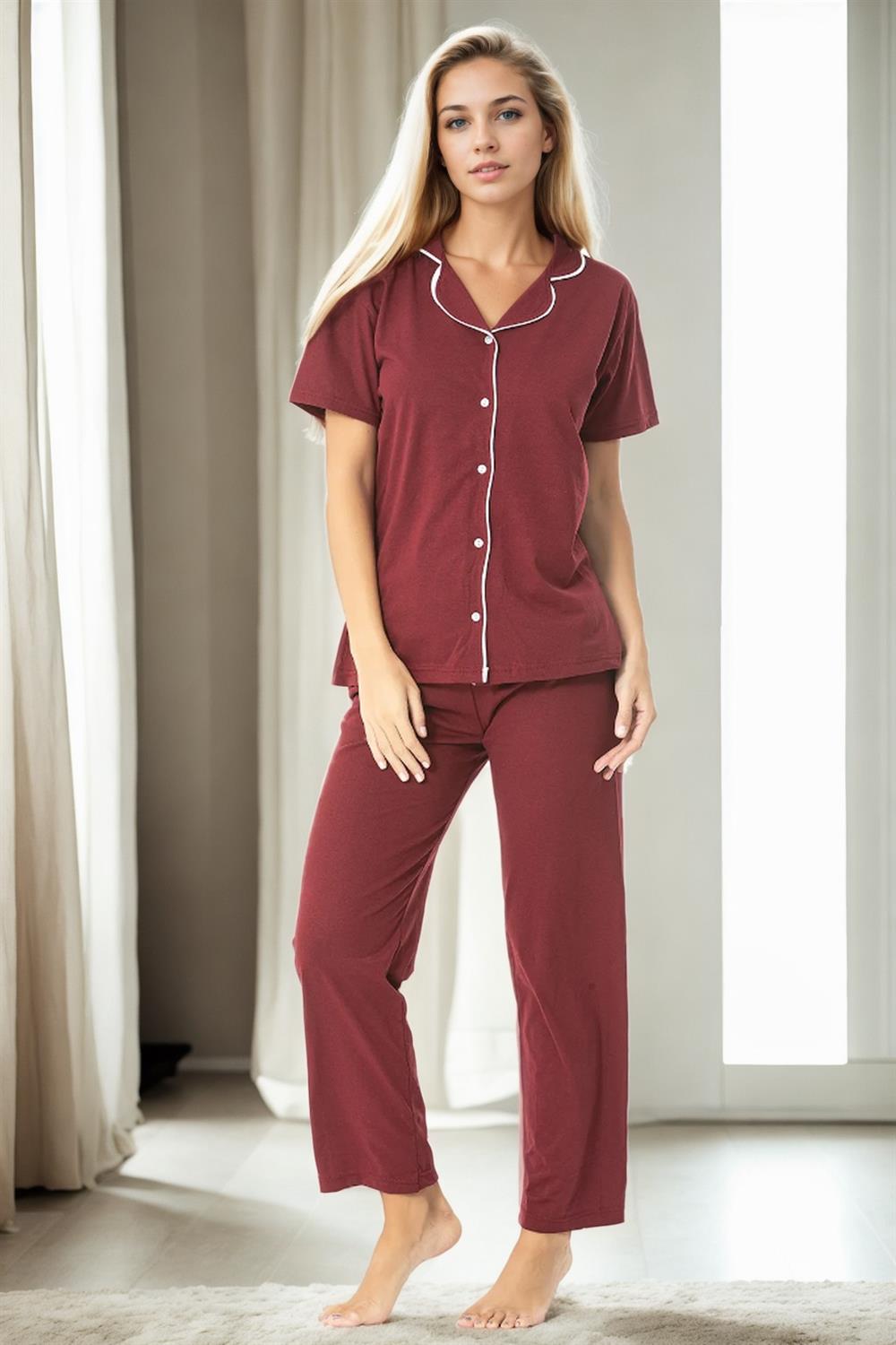 U4716 Dewberry Womens Short Sleeve Pyjama Set-BORDEAUX