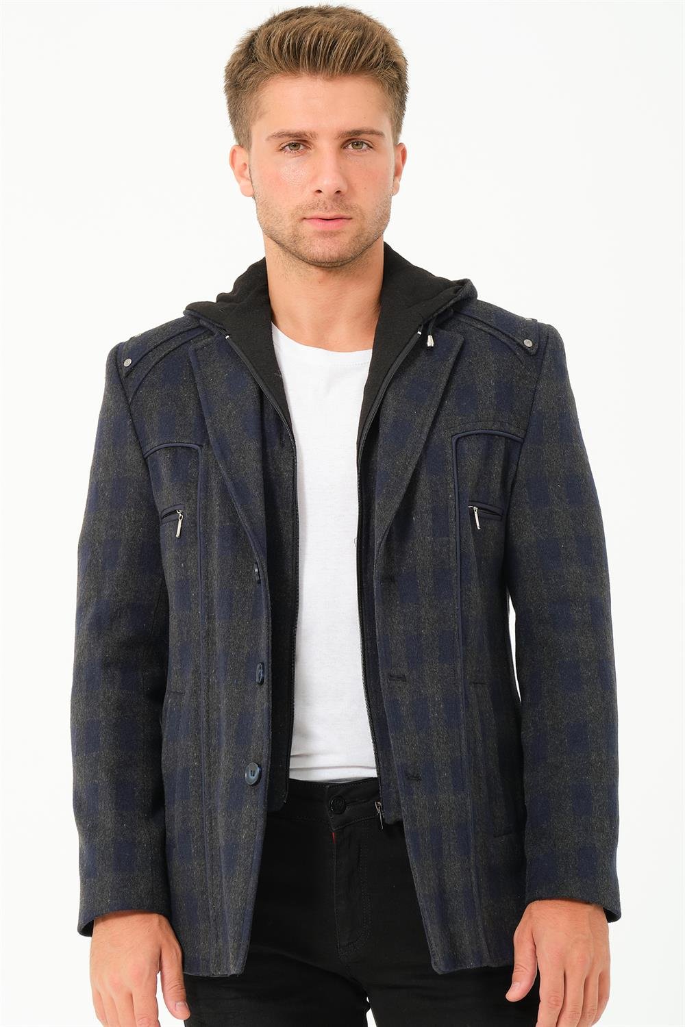K7532 DEWBERRY MEN&#039;S COAT-PLAID-NAVY BLUE