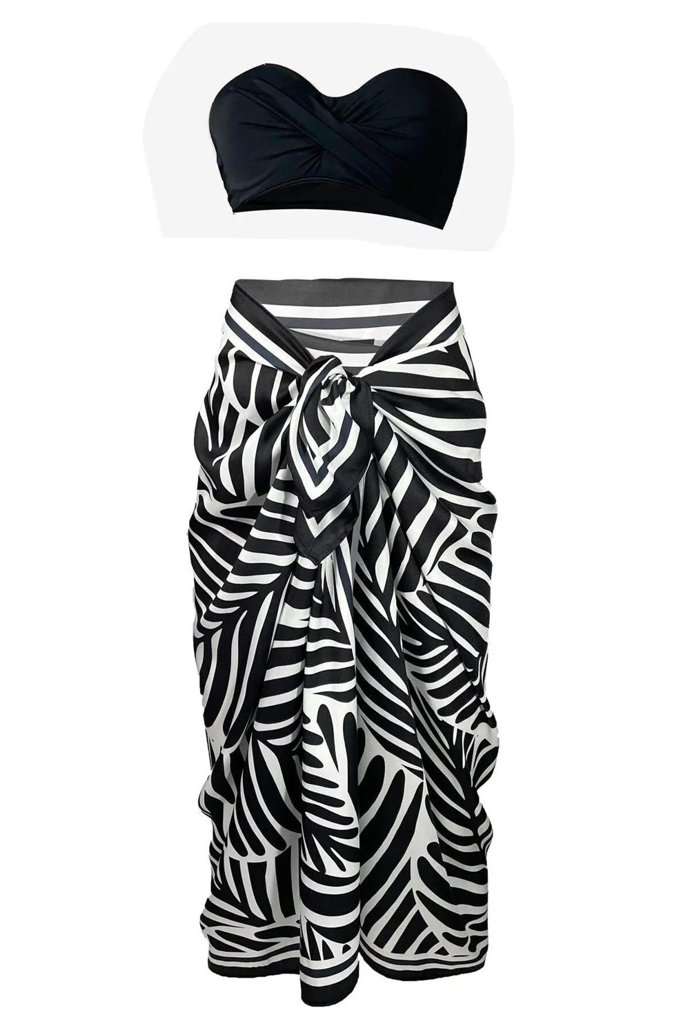 71058 Dewberry Patterned Shiny Fabric Women Pareo-BLACK-WHITE