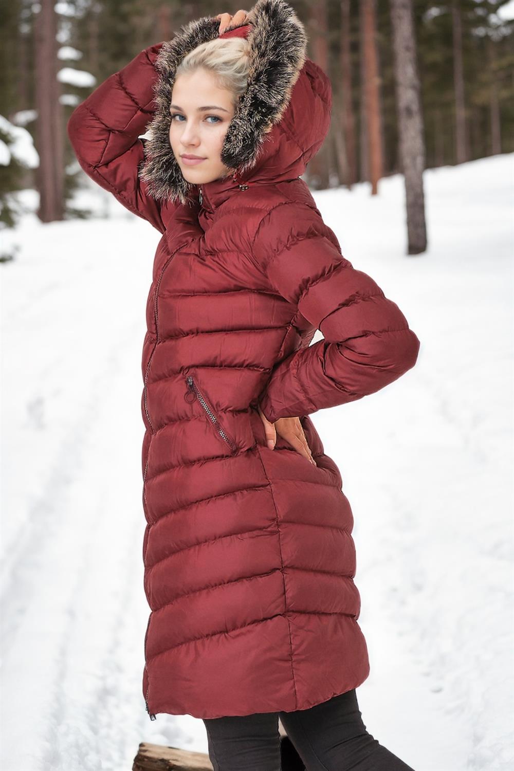 Z6690 DEWBERRY FUR HOODED LADIES' COAT-LIGHT BURGUNDY