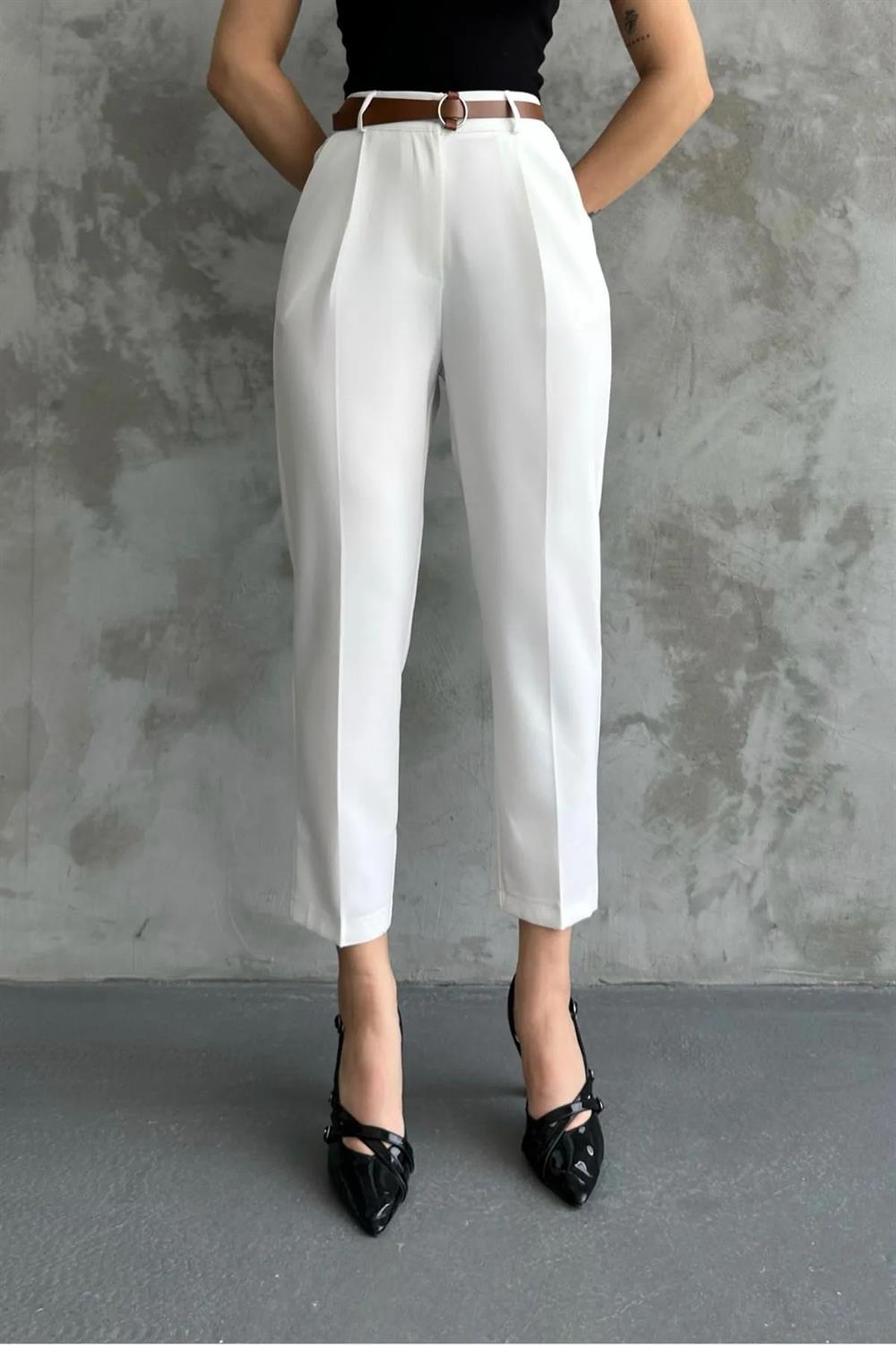 67537 Dewberry Skinny Leg Belted Women Trousers-WHITE