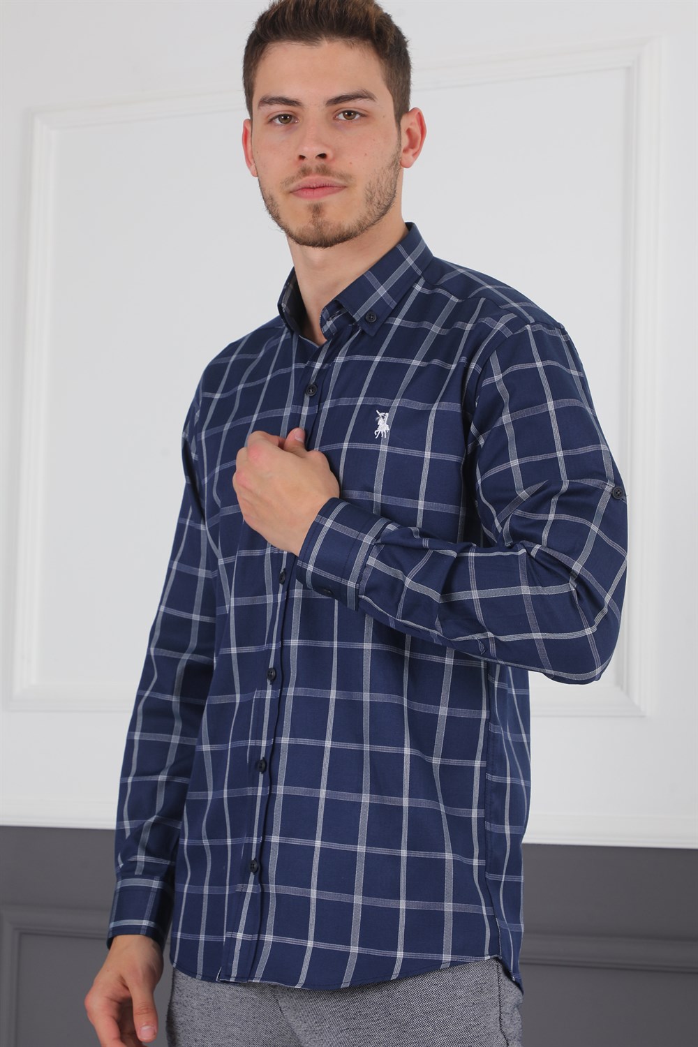 G719 DEWBERRY MEN'S SHIRT-NAVY BLUE - WHITE