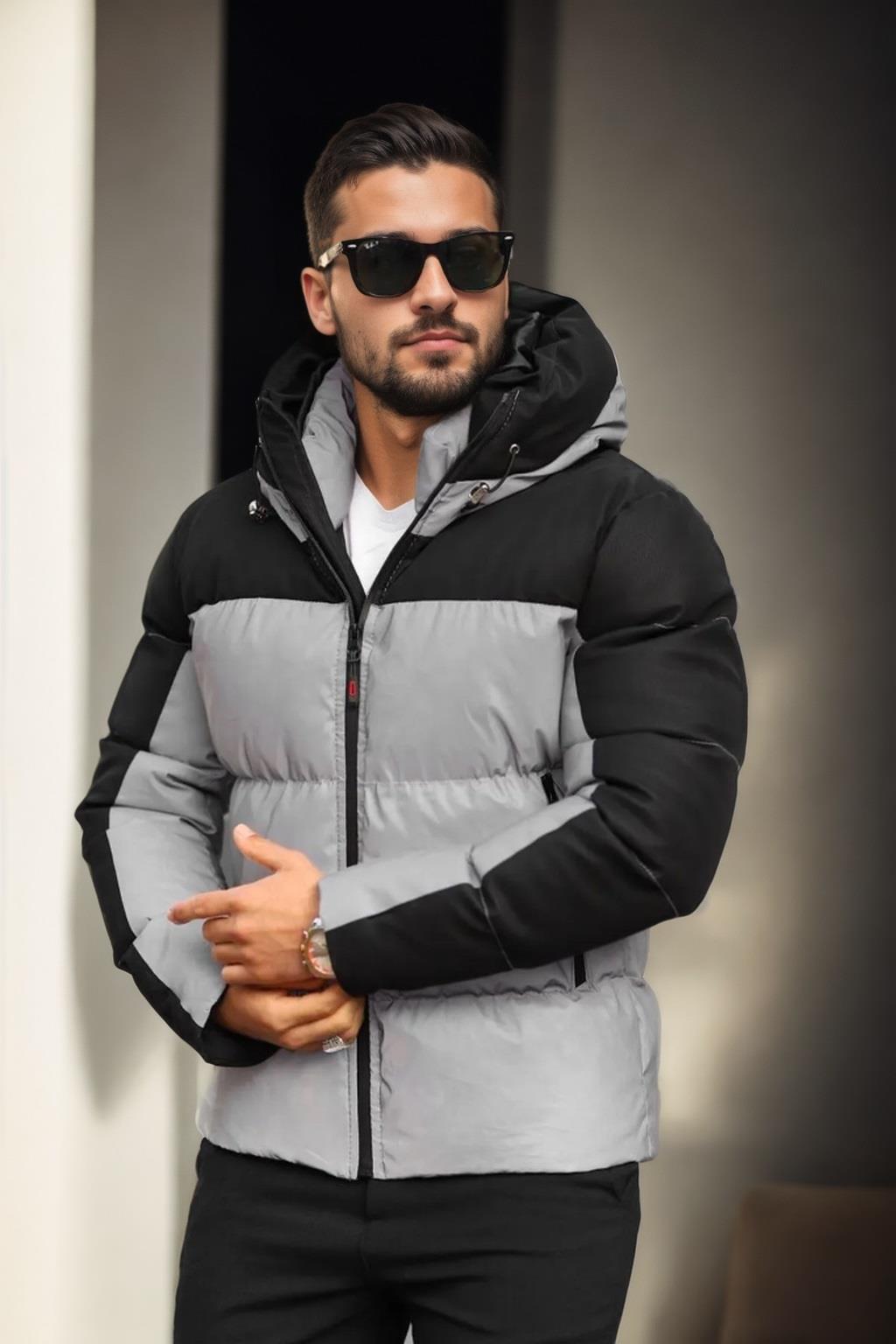 92885 Dewberry Mens Hooded Reflective Coat-BLACK-GREY