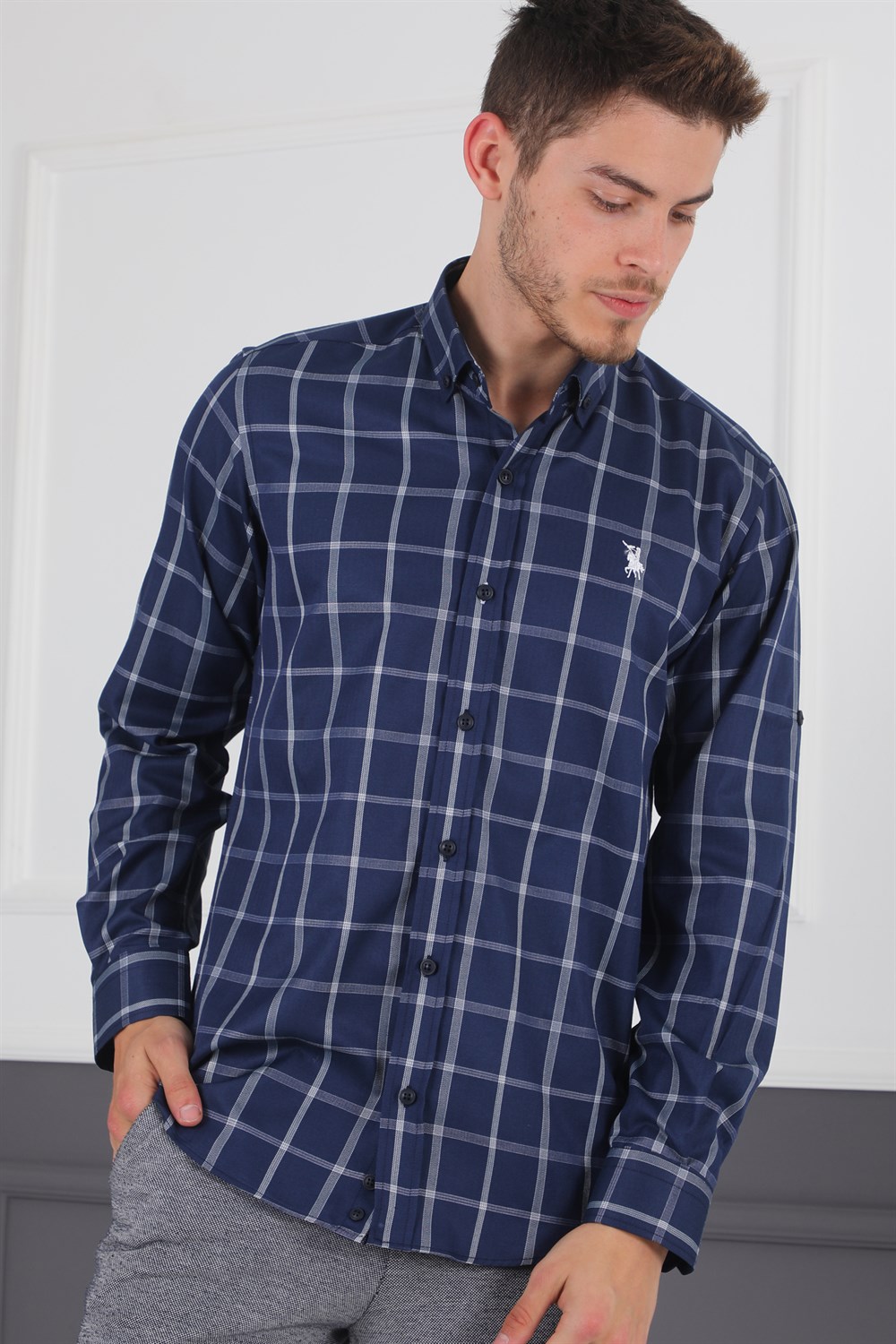 G719 DEWBERRY MEN'S SHIRT-NAVY BLUE - WHITE