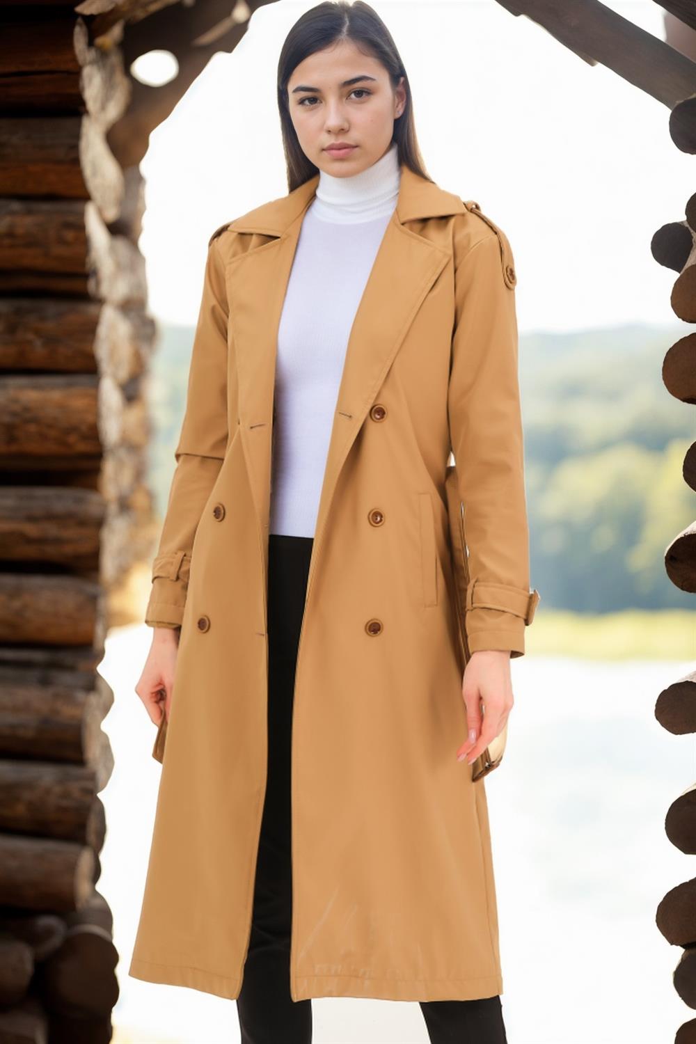 Z6737 DEWBERRY WOMEN'S TRENCH COAT-DARK CAMEL