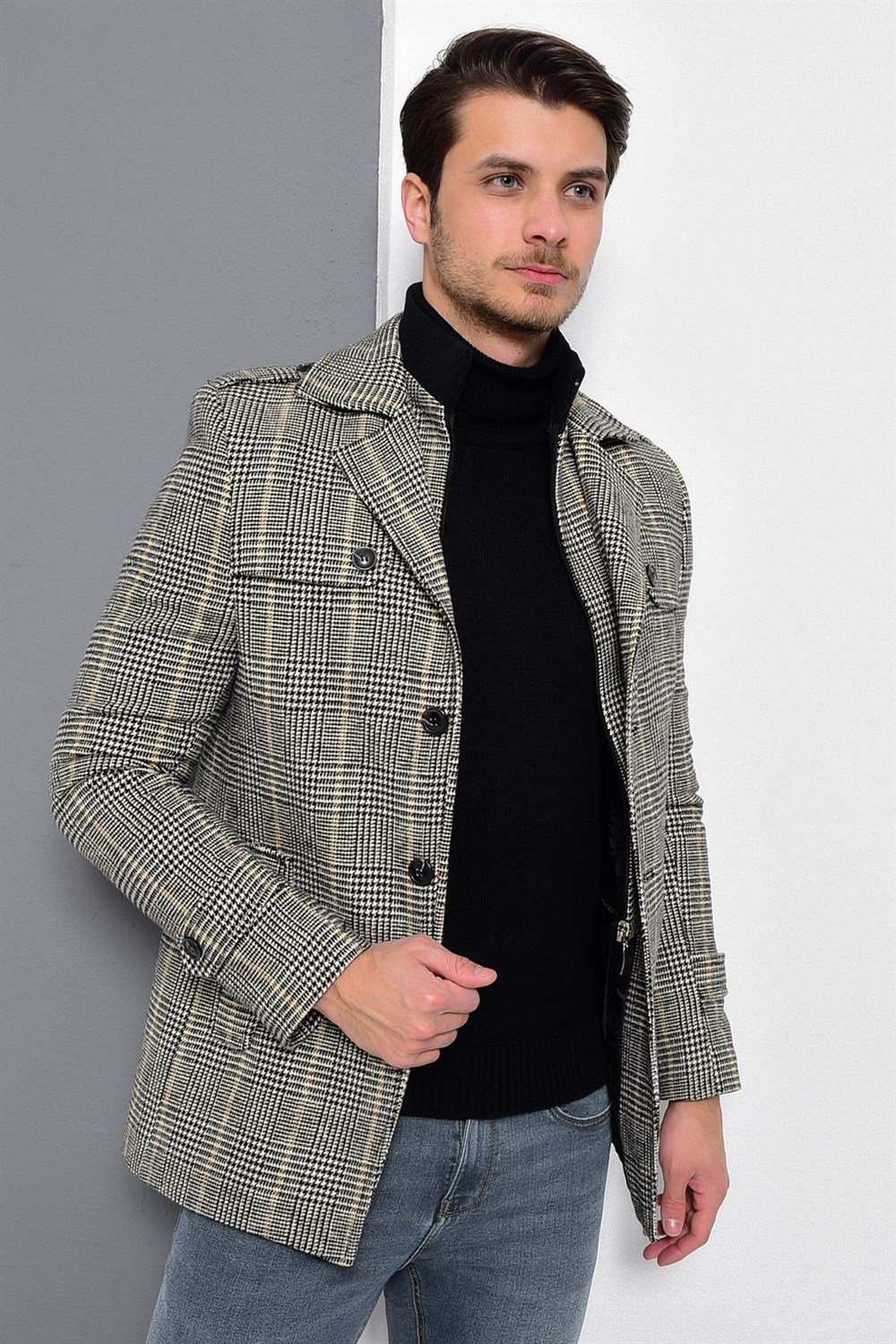 K7542 DEWBERRY MEN&#039;S COAT-PLAID GREY