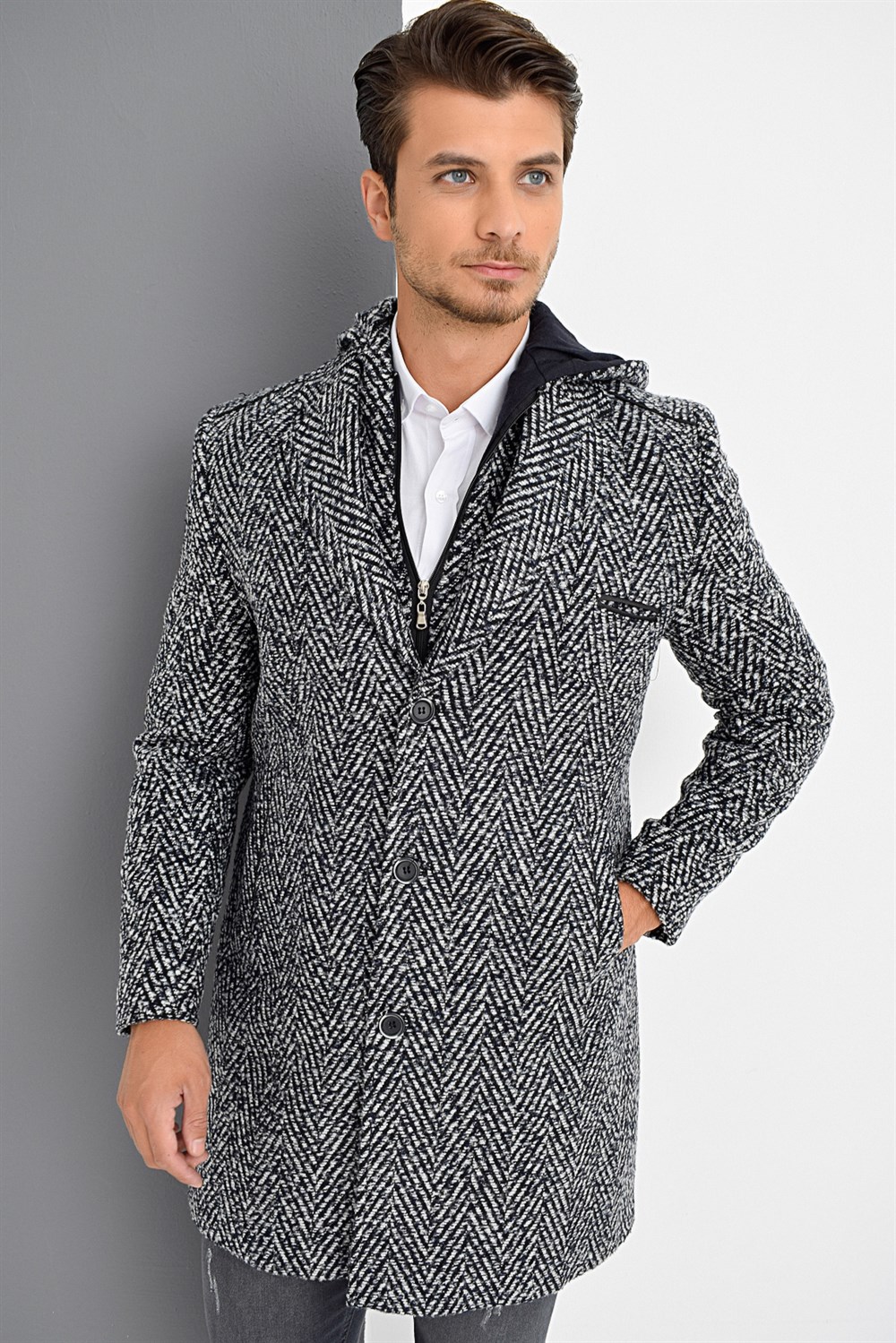 PLT8371 DEWBRRY MEN'S COAT-PATTERNED NAVY BLUE