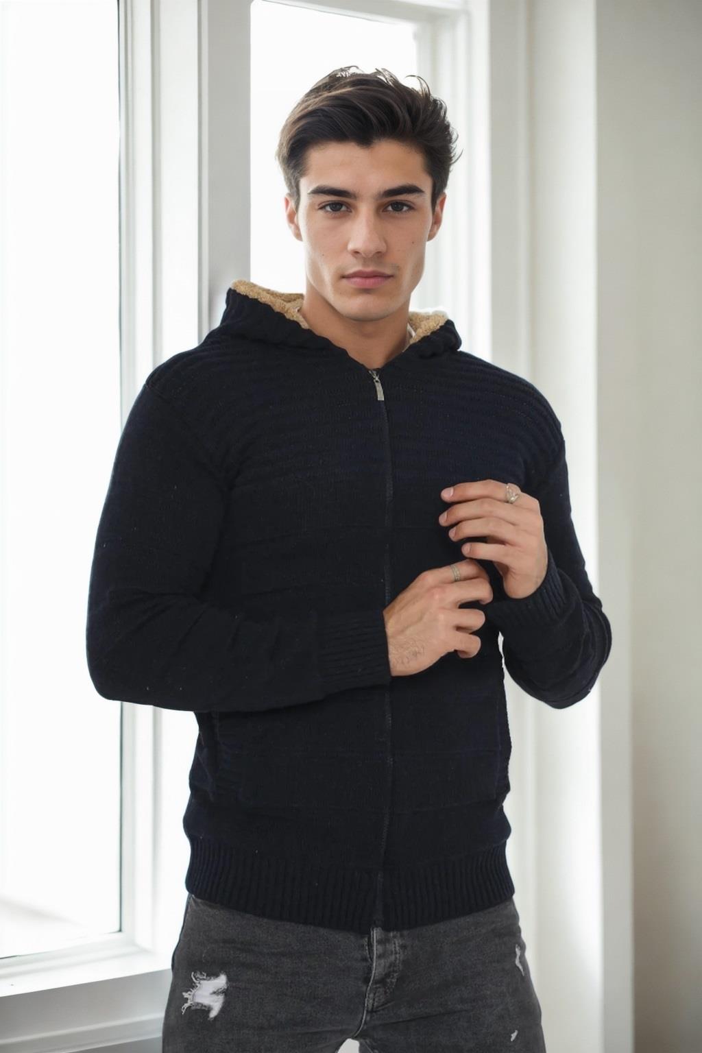 14455 Dewberry Furry Hooded Mens Sports Slim Fit Cardigan-NAVY