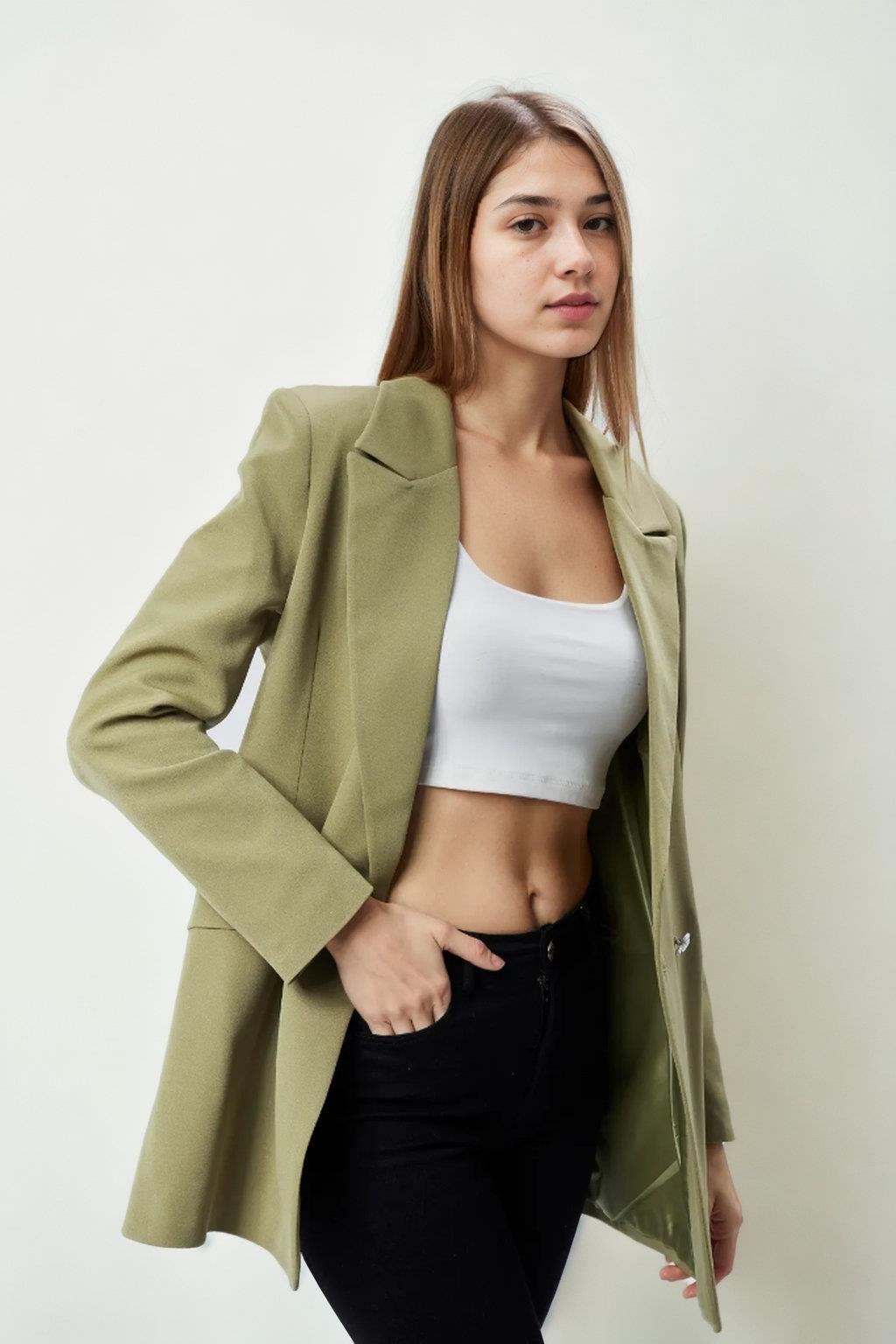 26139 Dewberry Womens Large Size Woven Blazer Jacket-LIGHT KHAKI
