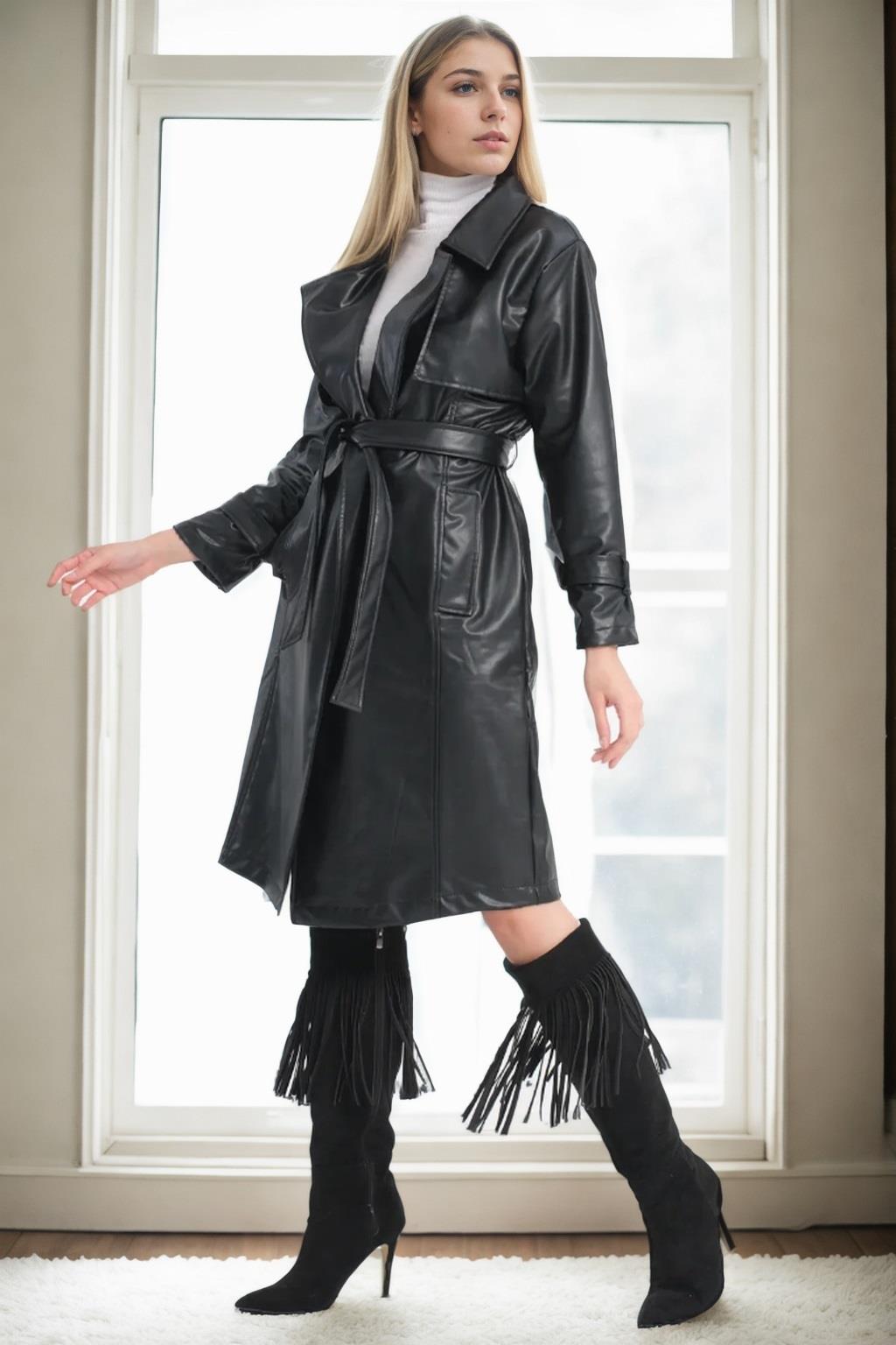 22614 Dewberry Long PU Women TrenchCoat-BLACK