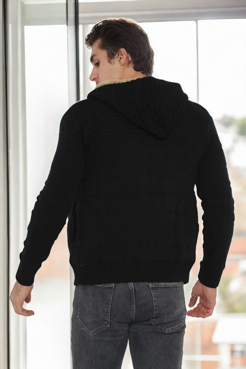 14455 Dewberry Furry Hooded Mens Sports Slim Fit Cardigan-BLACK