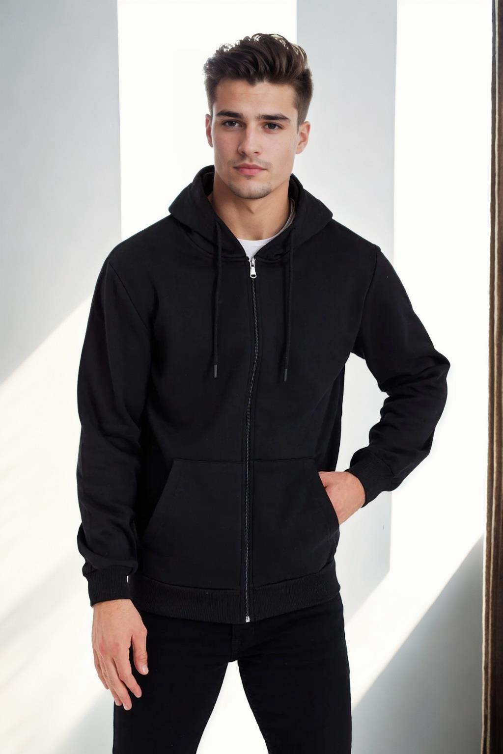 94090 Dewberry Kangaroo Pocket Hooded Zipper Mens Sweatshirt-BLACK