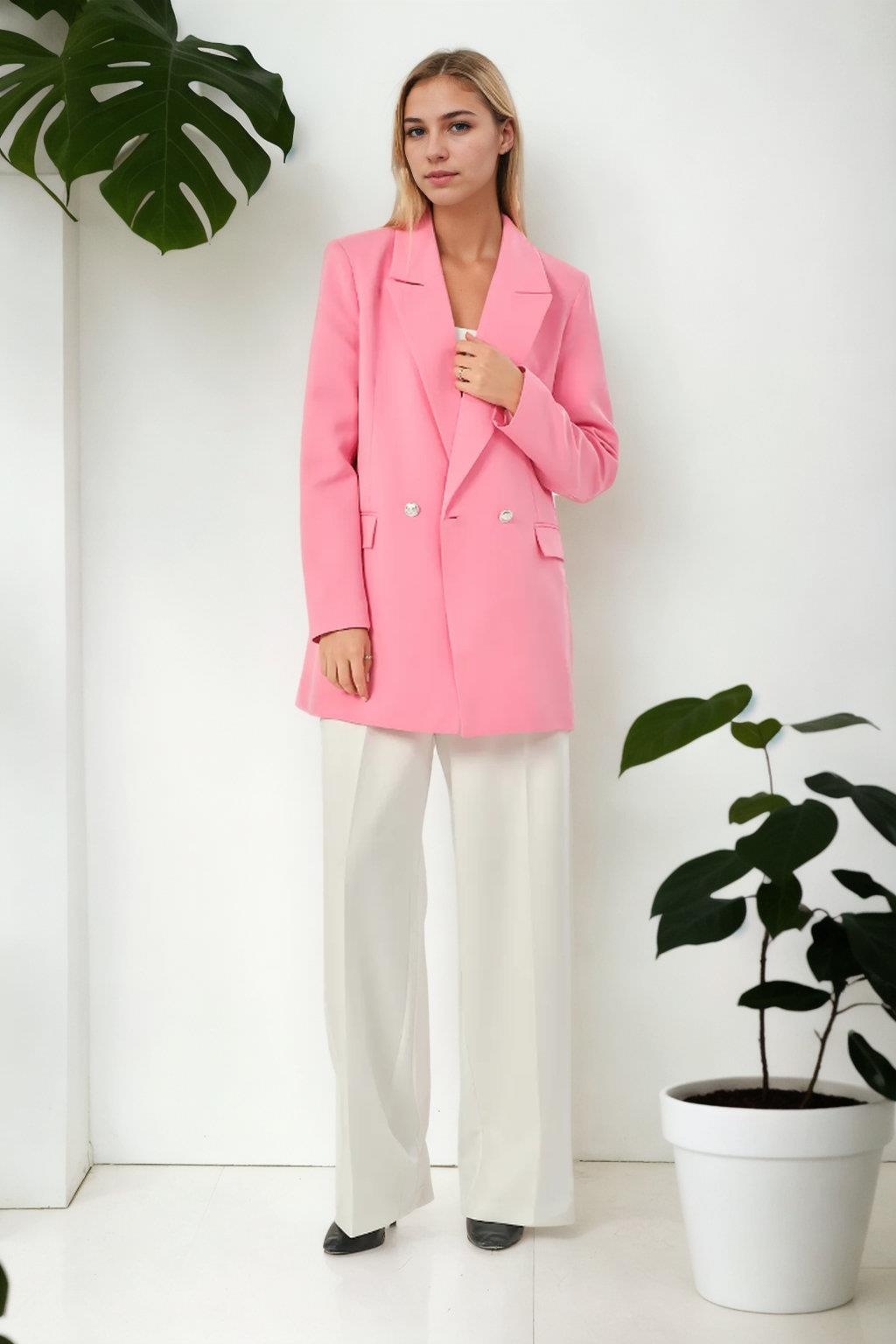 26139 Dewberry Womens Large Size Woven Blazer Jacket-PINK