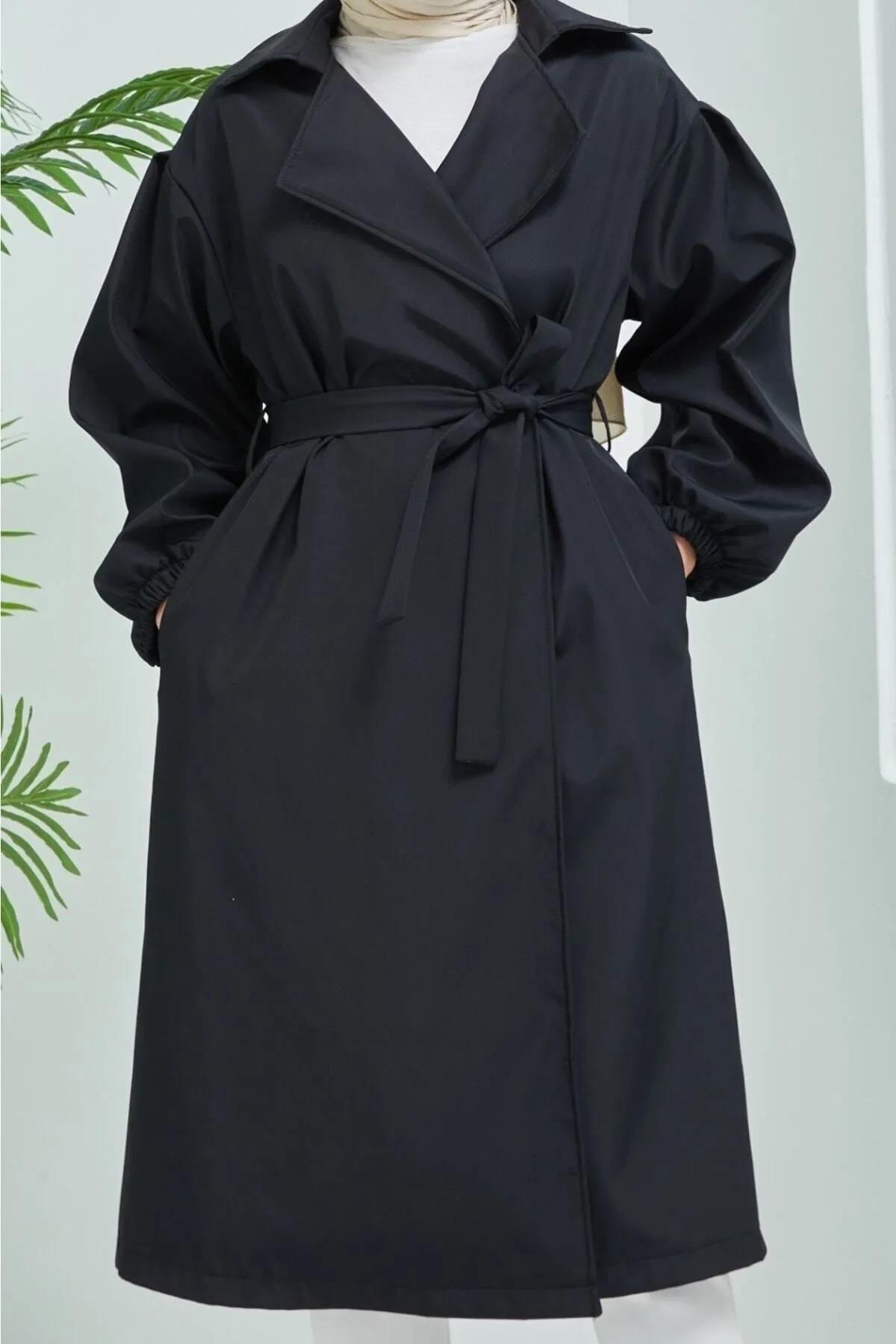40345 Dewberry Belted Balloon Sleeve Women Trenchcoat-BLACK