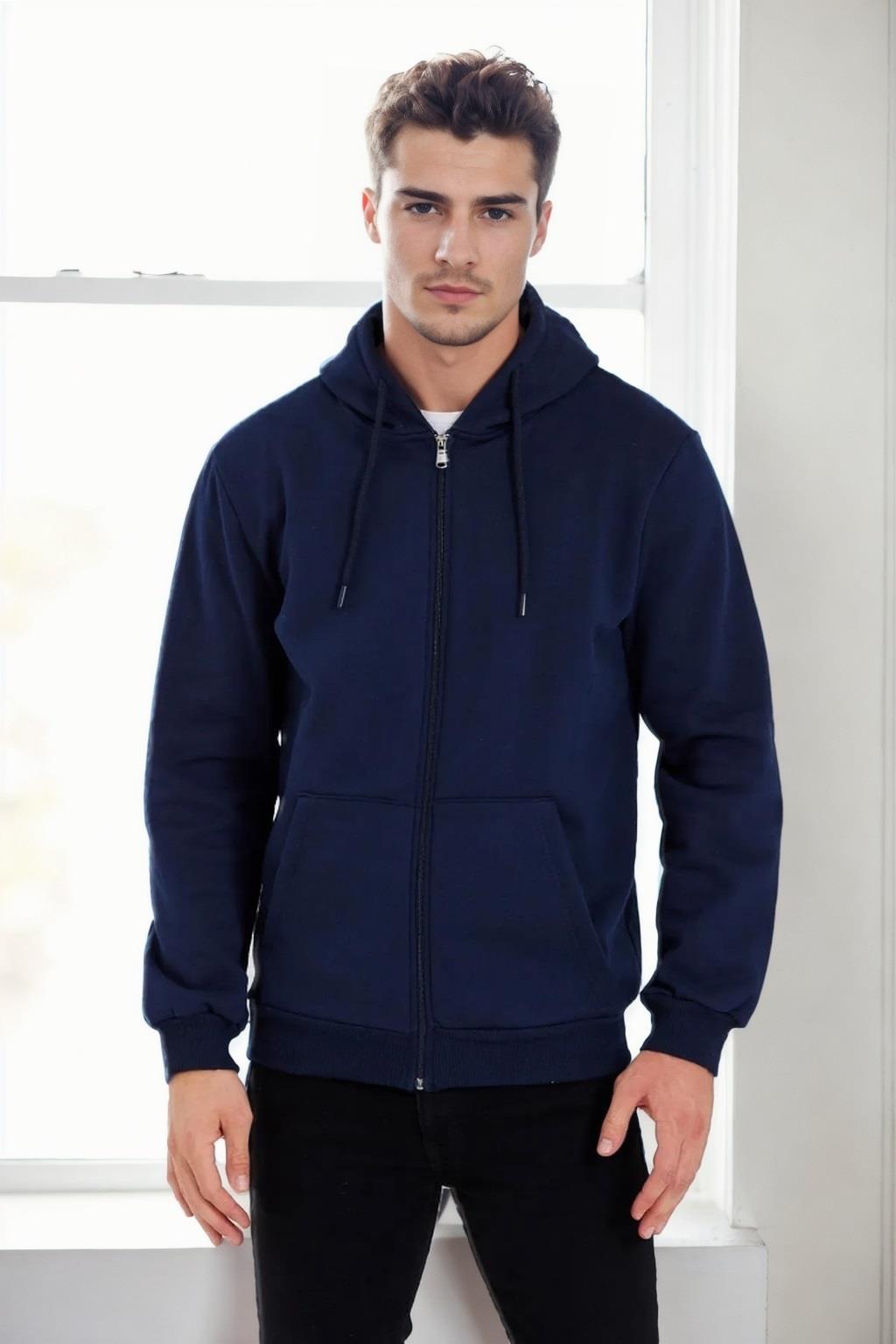 94090 Dewberry Kangaroo Pocket Hooded Zipper Mens Sweatshirt-NAVY