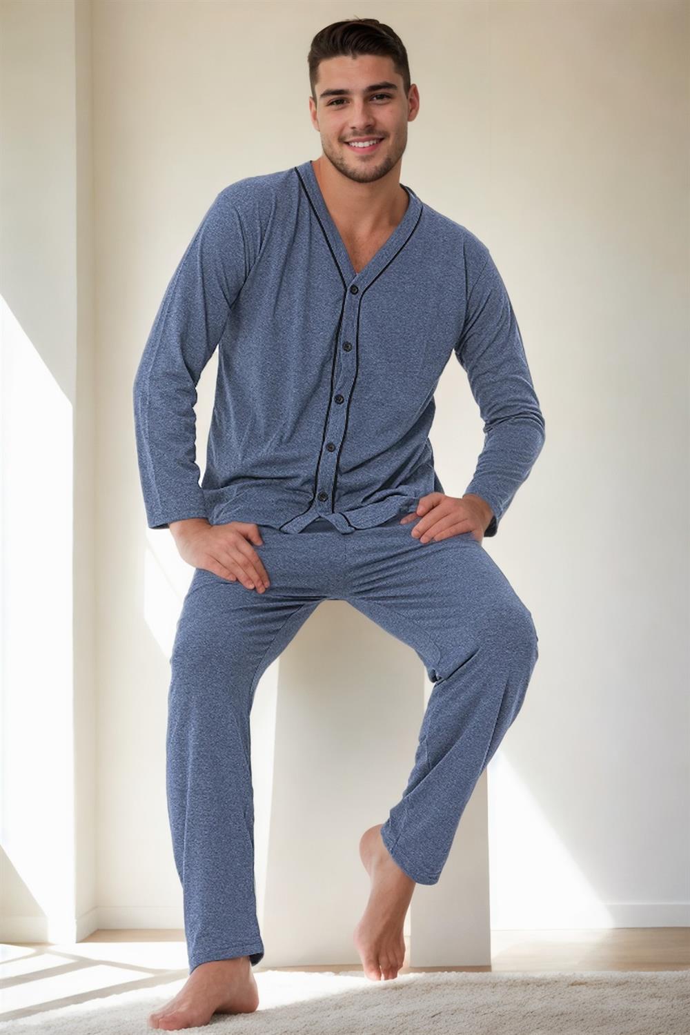 J4425 Dewberry Mens Buttoned Long Sleeve Pyjama Set-BLUE