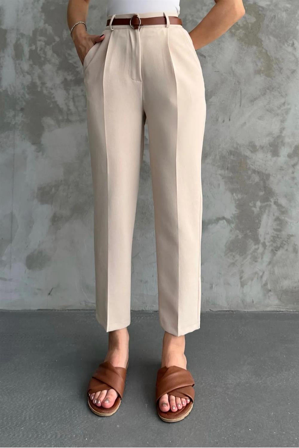 67537 Dewberry Skinny Leg Belted Women Trousers-CREAM