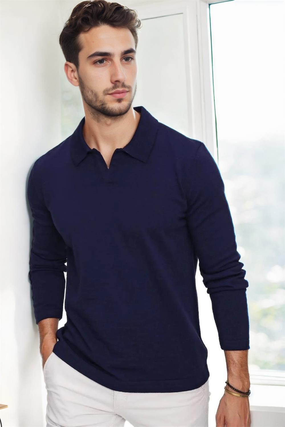86813 Dewberry Polo Neck Long Sleeve Knitwear-Navy Blue