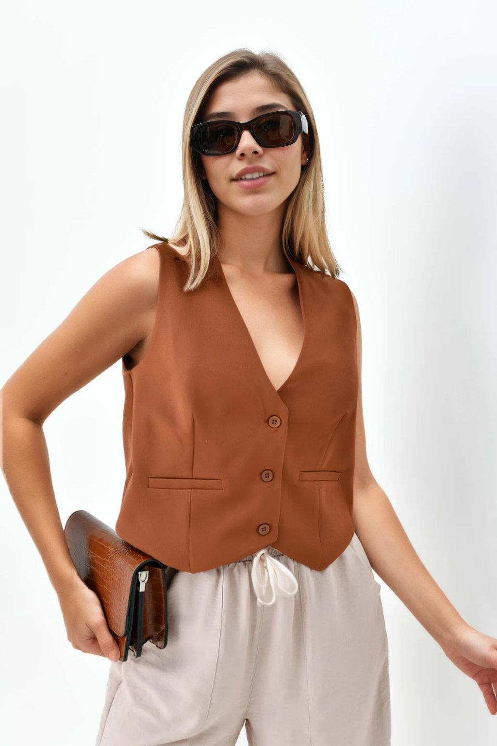 84295 Dewberry Womens Lined Waistcoat with 3-Button Closure-KAHVE