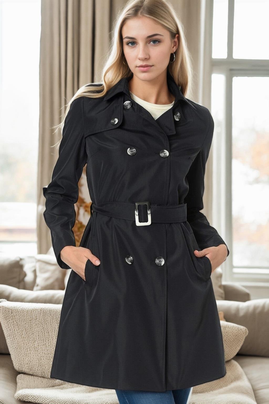 Z9642 DEWBERRY WOMEN'S TRENCH COAT-NAVY BLUE