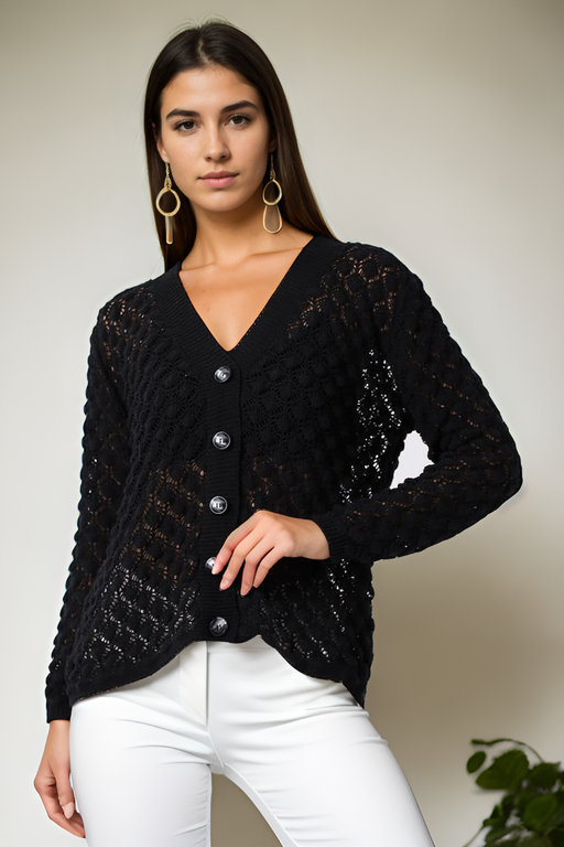 20317 Dewberry Patterned Buttoned Seasonal Cardigan-BLACK