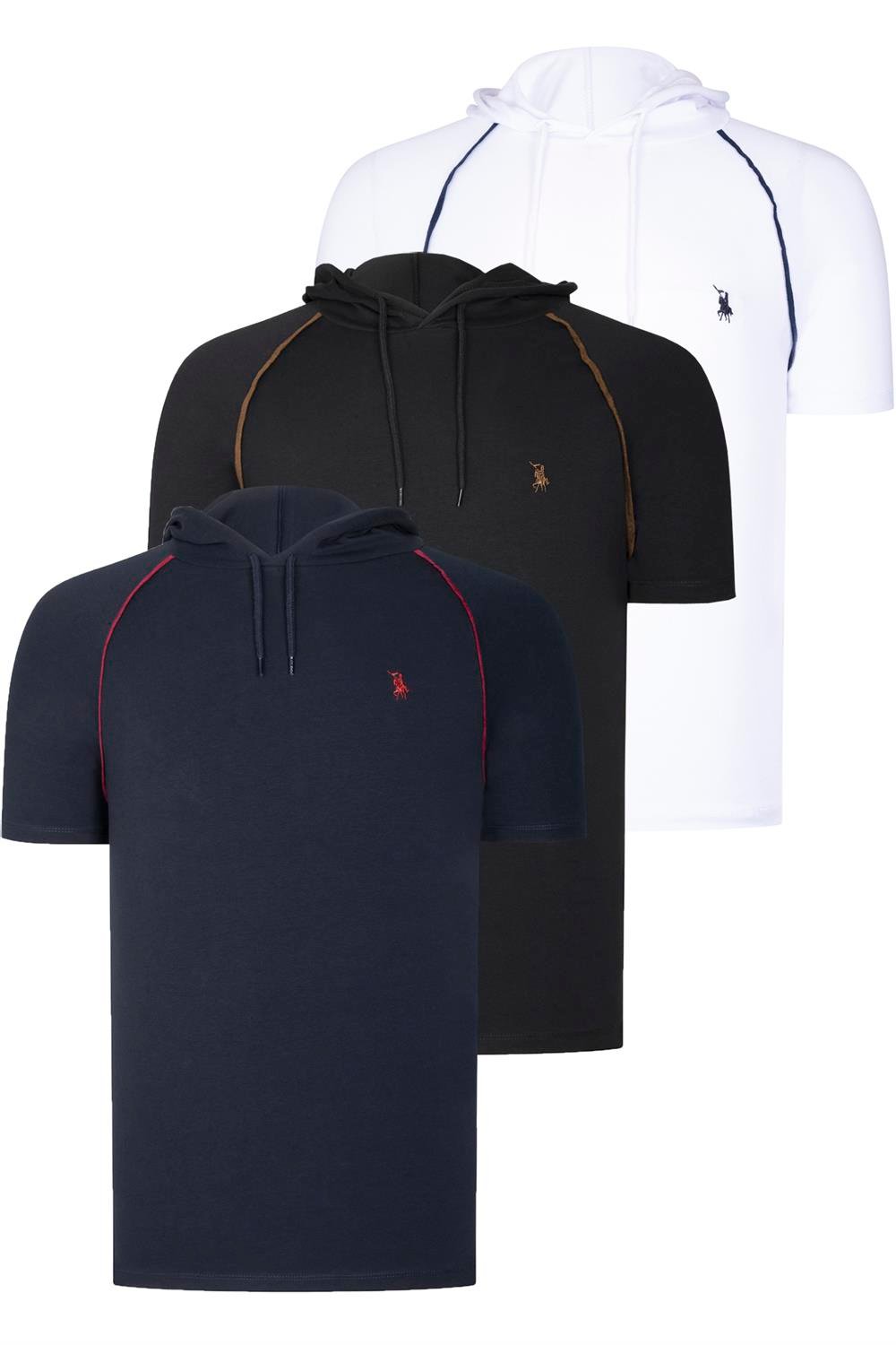 TRIPLE SET T8570 DEWBERRY HOODED MEN'S T-SHIRT-NAVY BLUE-WHITE-BLACK