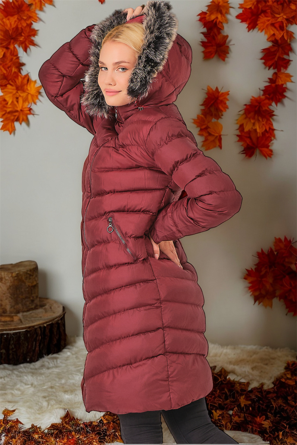 Z6690 BLANĂ DE ROUĂ CU GLUGĂ PENTRU FEMEI-SIMPLU VISINIU