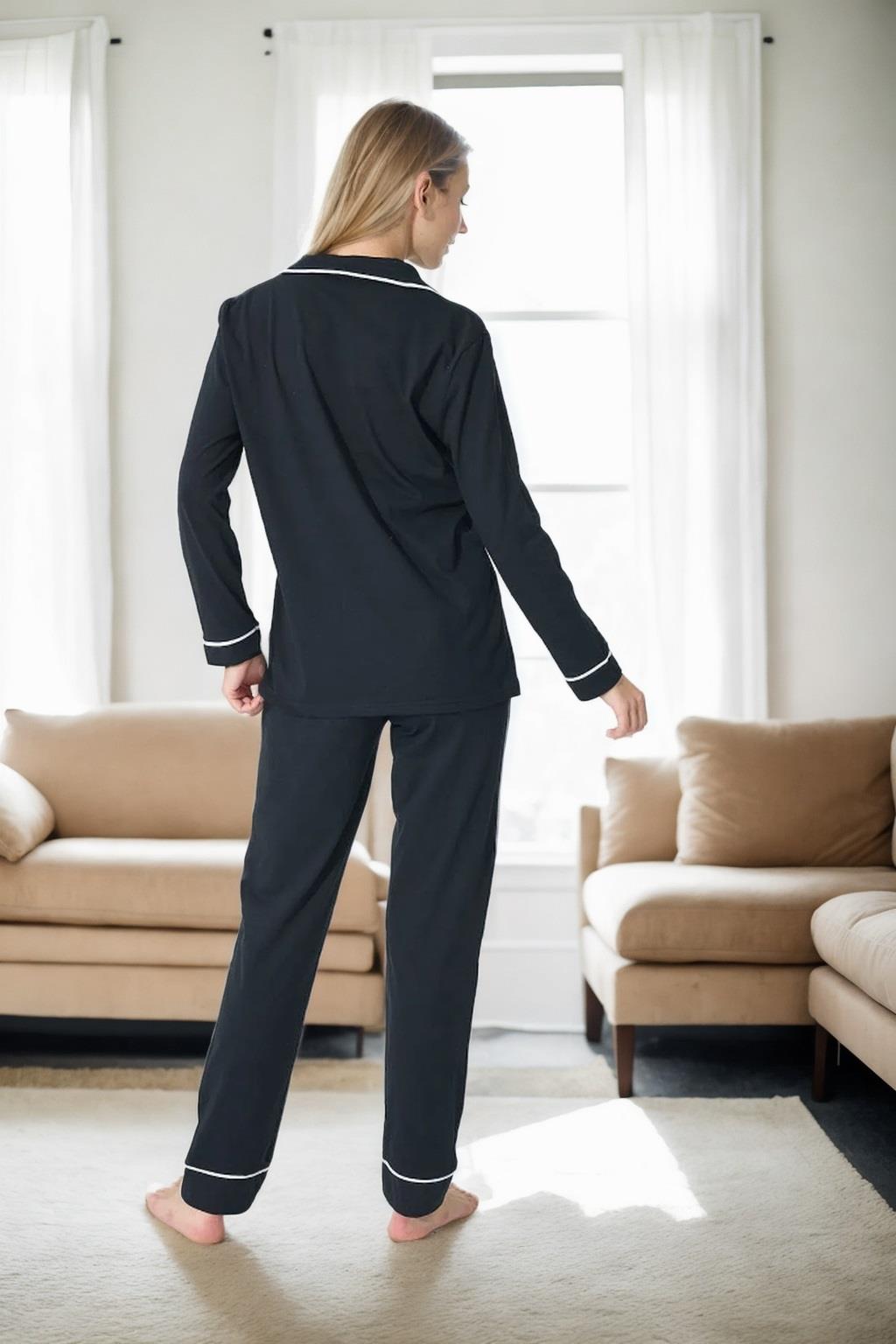 39374 Dewberry Cotton Buttoned Women Pyjama Set-BLACK-WHITE
