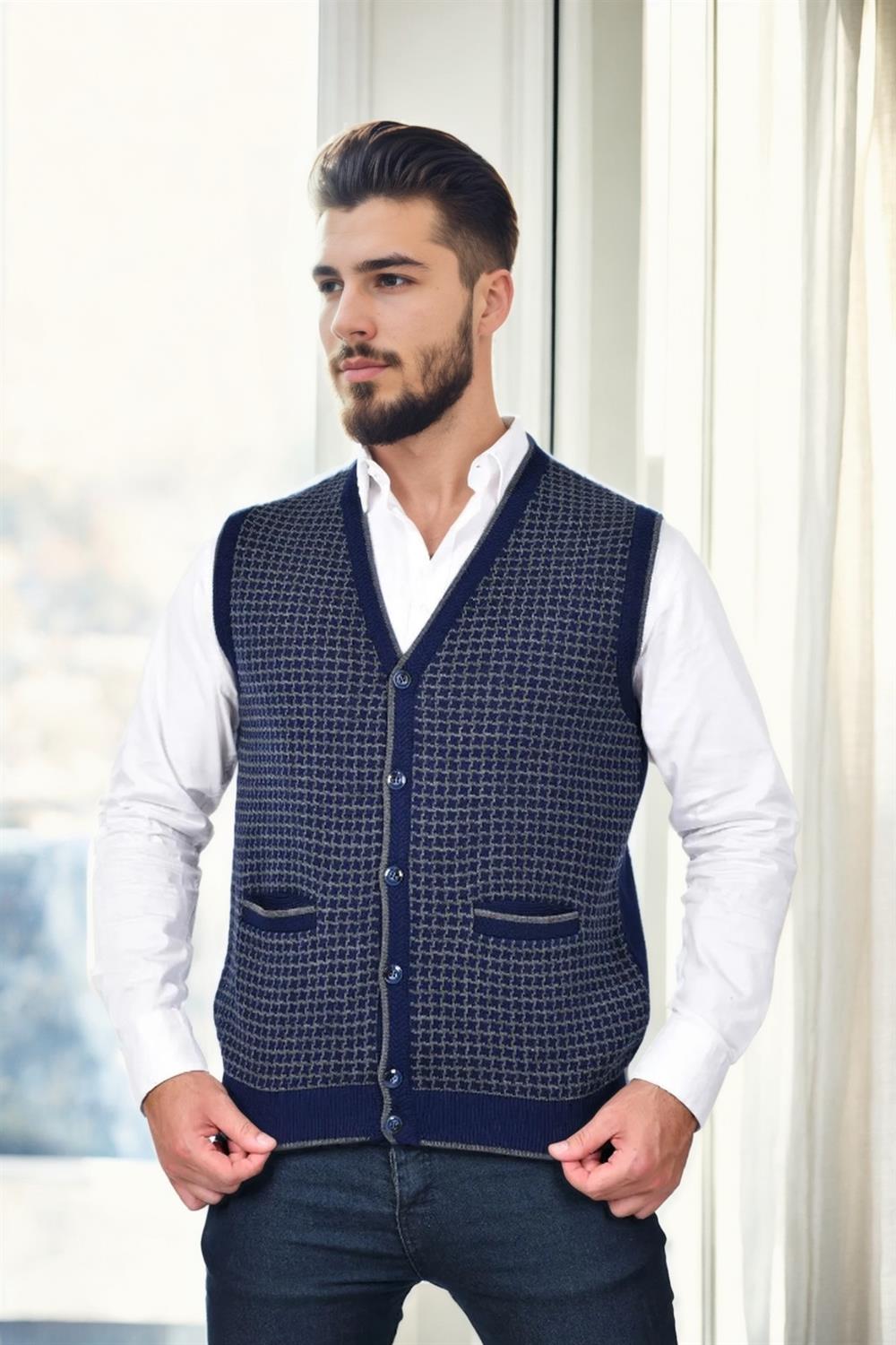 37376 Dewberry Houndstooth Patterned Mens Knit Vest-NAVY