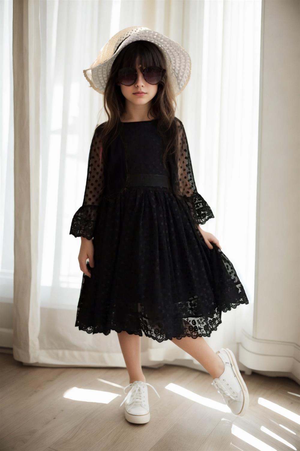 N8712 Dewberry Princess Model Girls Dress with Hat & Lace-BLACK