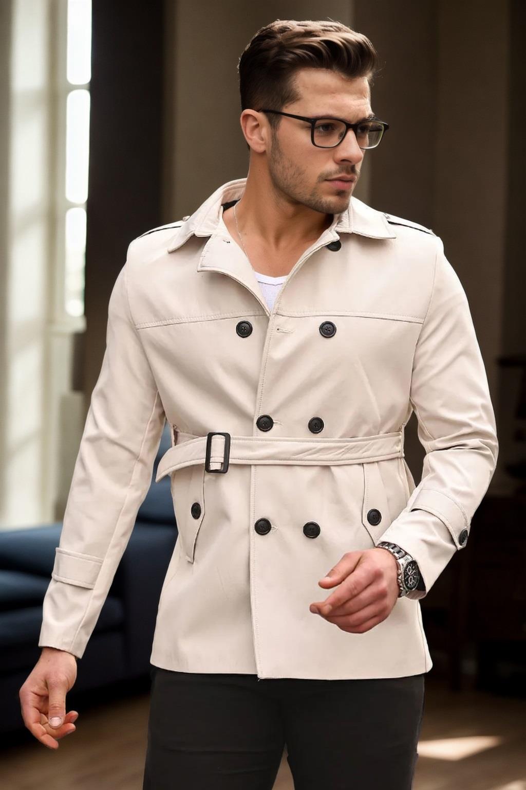 23058 Dewberry Lined Belted Double Breasted Mens Trenchcoat-CREAM