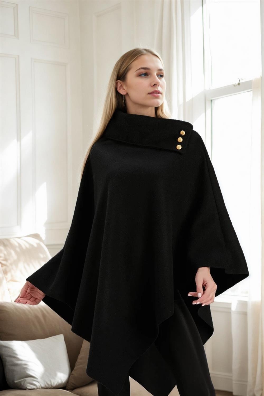 32077 Dewberry Poncho with Button Detail on the Collar-BLACK